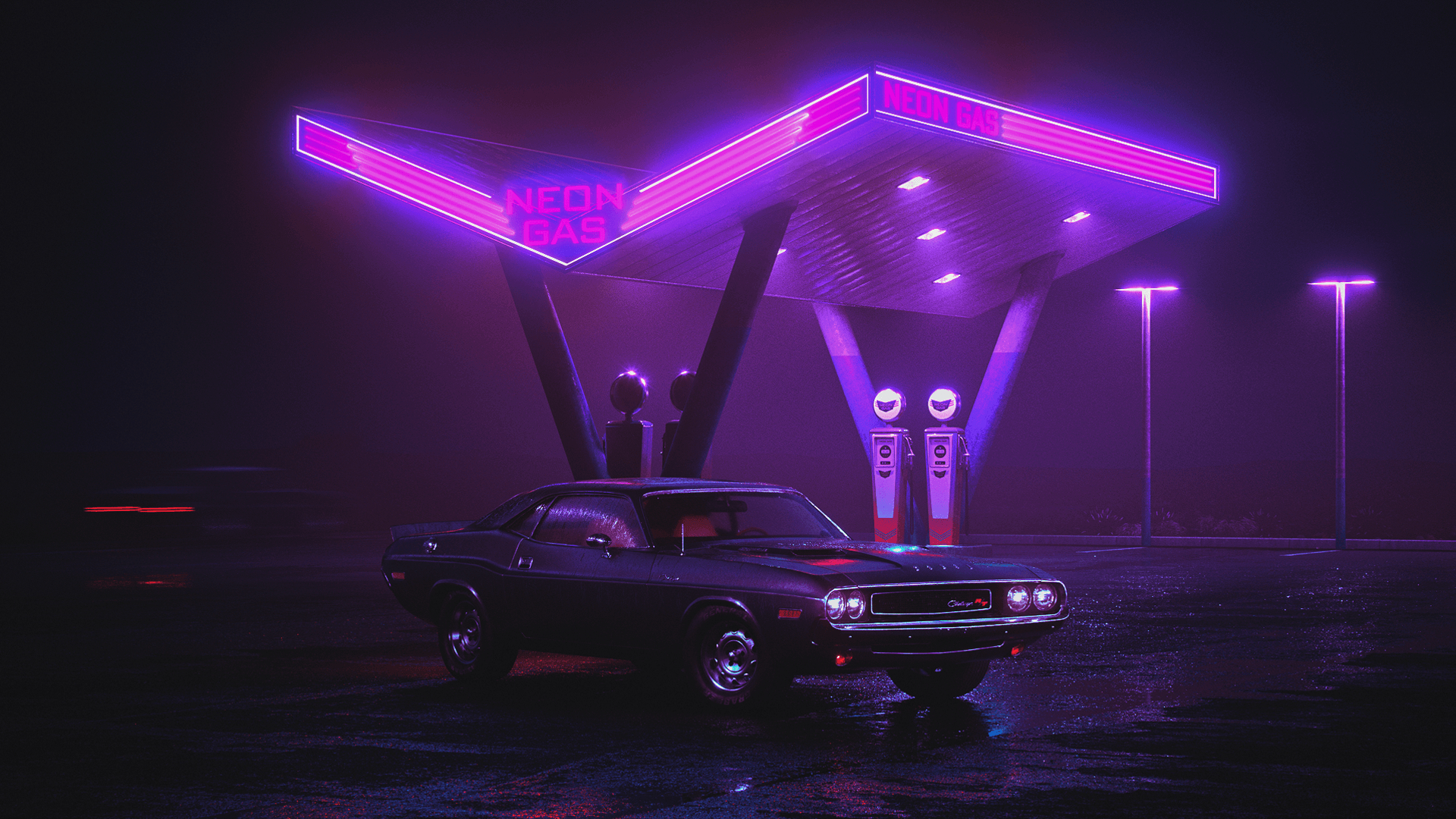 1920x1080 General  car purple Retrowave landscape neon violet, Desktop