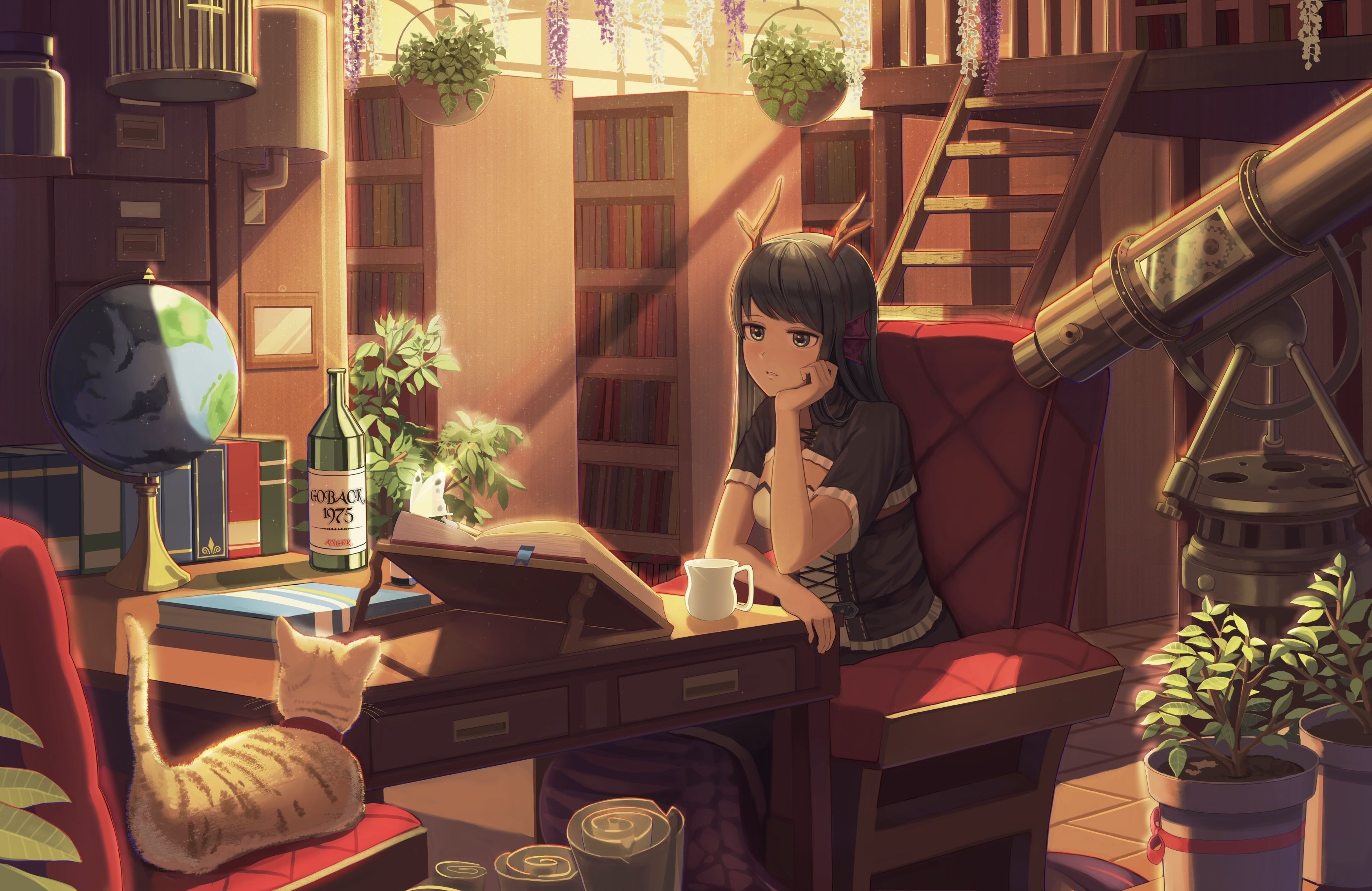 3500x2280 Download  Anime Girl, Horns, Neko, Room, Books, Library, Studying Wallpaper, Desktop