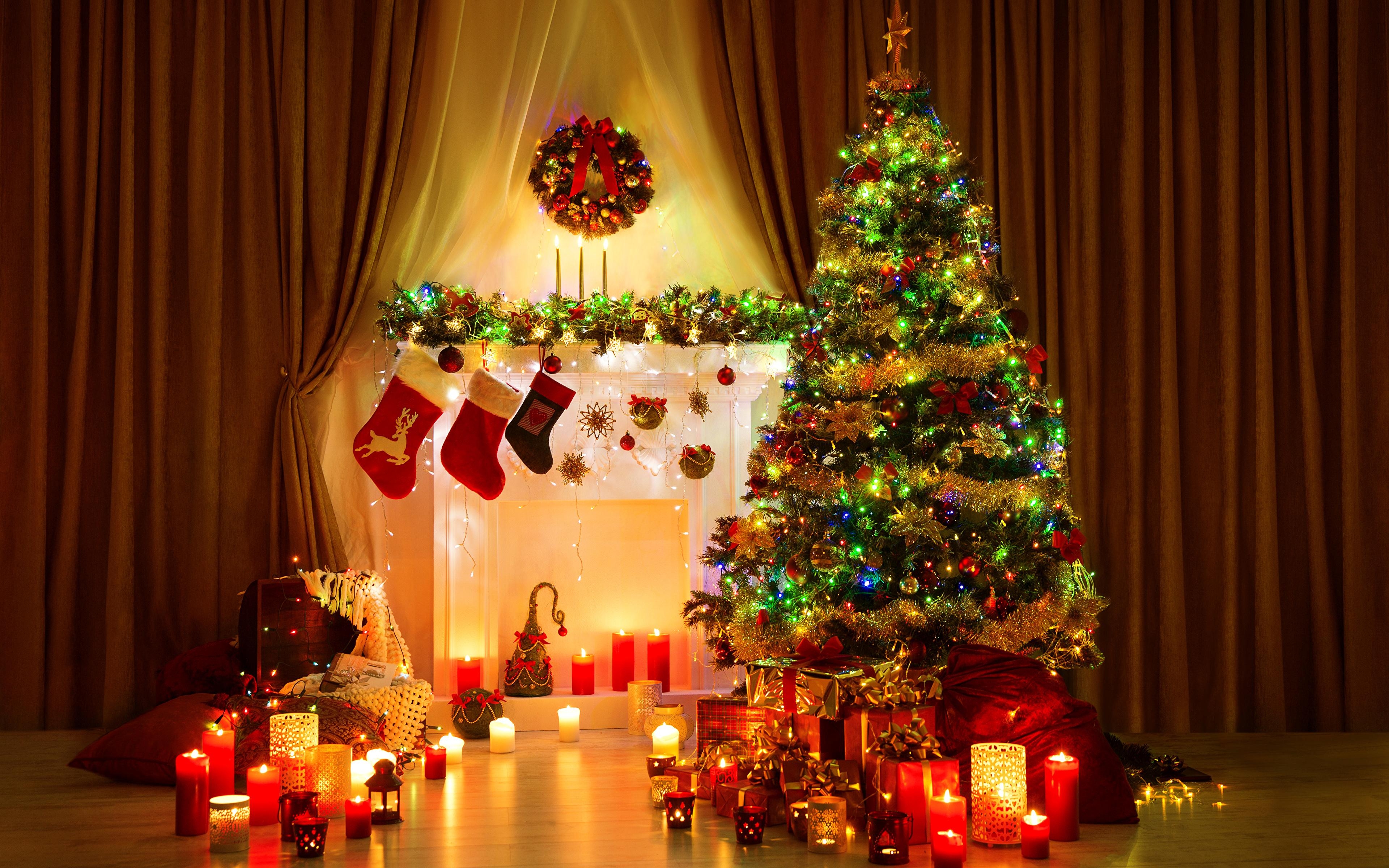 3840x2400 Wallpaper New year New Year tree Gifts Fireplace Candles, Desktop