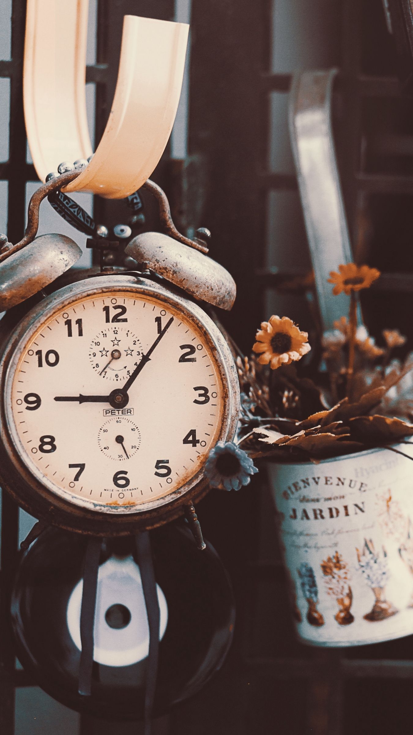 1350x2400 Wallpaper Alarm Clock, Flowers, Retro Clock Wallpaper HD, Phone