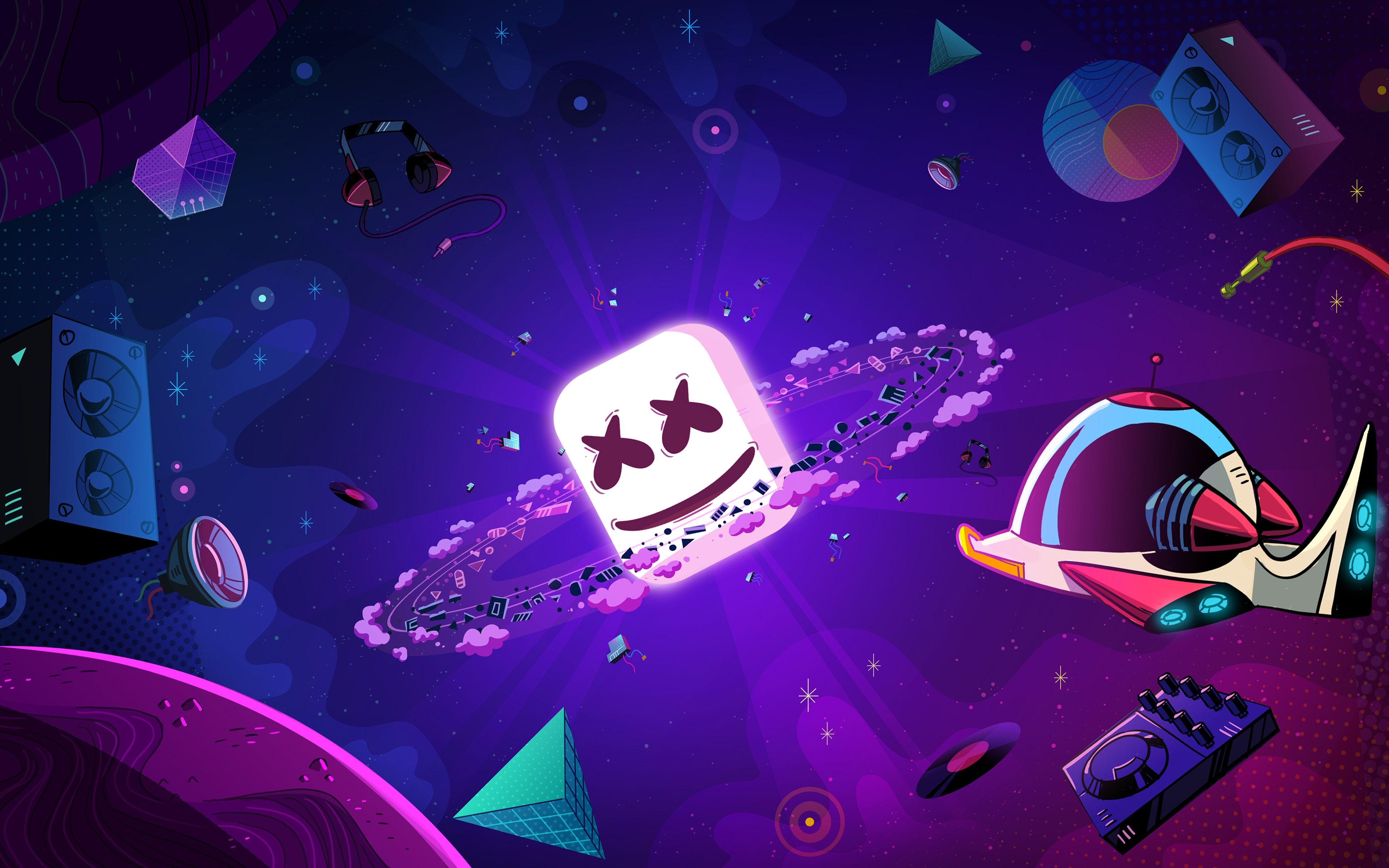 3840x2400 Download wallpaper Flying Marshmello, 4k, abstract art, american DJ, Christopher Comstock, Marshmello, galaxy, DJ Marshmello, DJs, Marshmello in space for desktop with resolution. High Quality HD picture wallpaper, Desktop