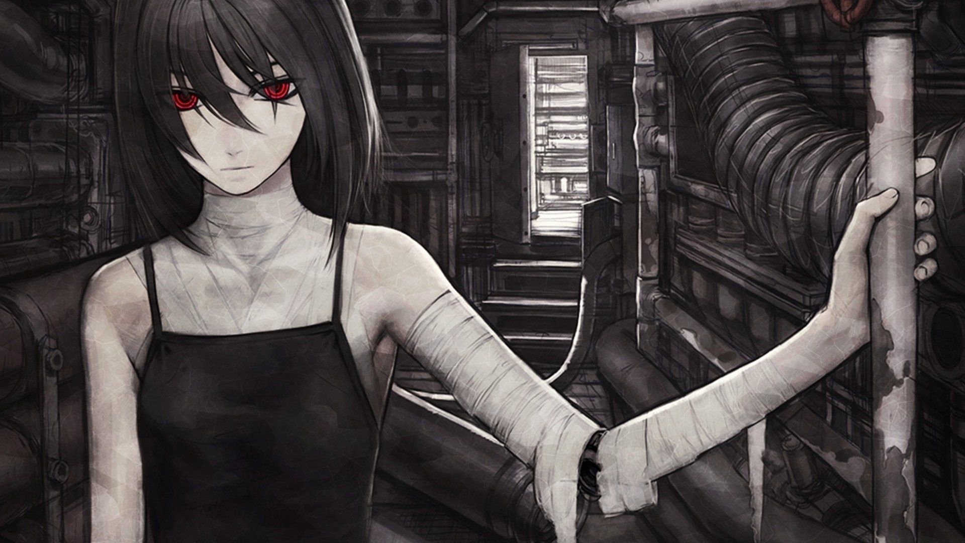 1920x1080 Anime Original Pipe Sadness Red Eyes Bandage Girl Cyborg Wallpaper, Desktop