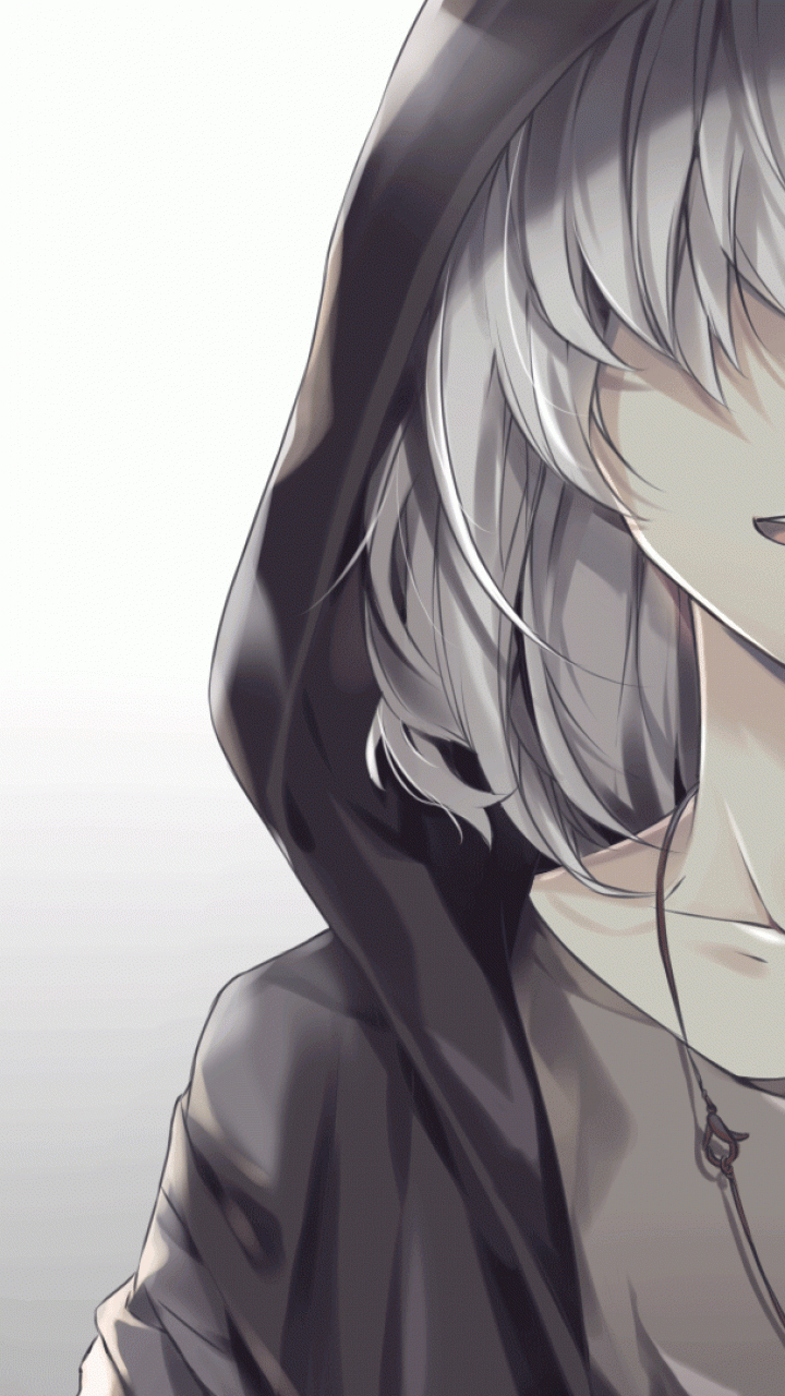 720x1280 Anime Boy, White Hair, Hoodie, Smiling, Necklace, Gray Guy, Phone