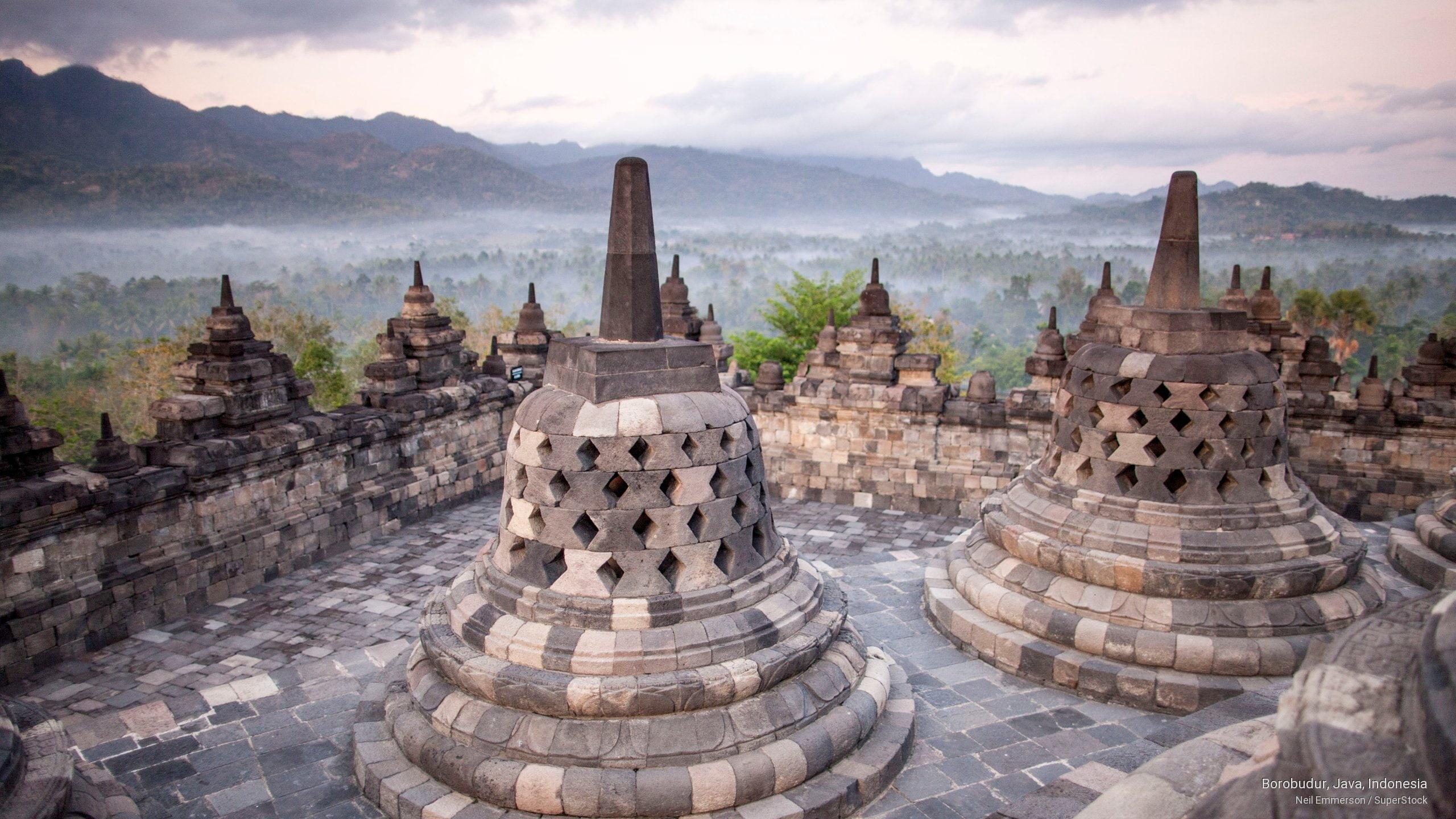 2560x1440 HD wallpaper: Borobudur, Java, Indonesia, Landmarks, Desktop