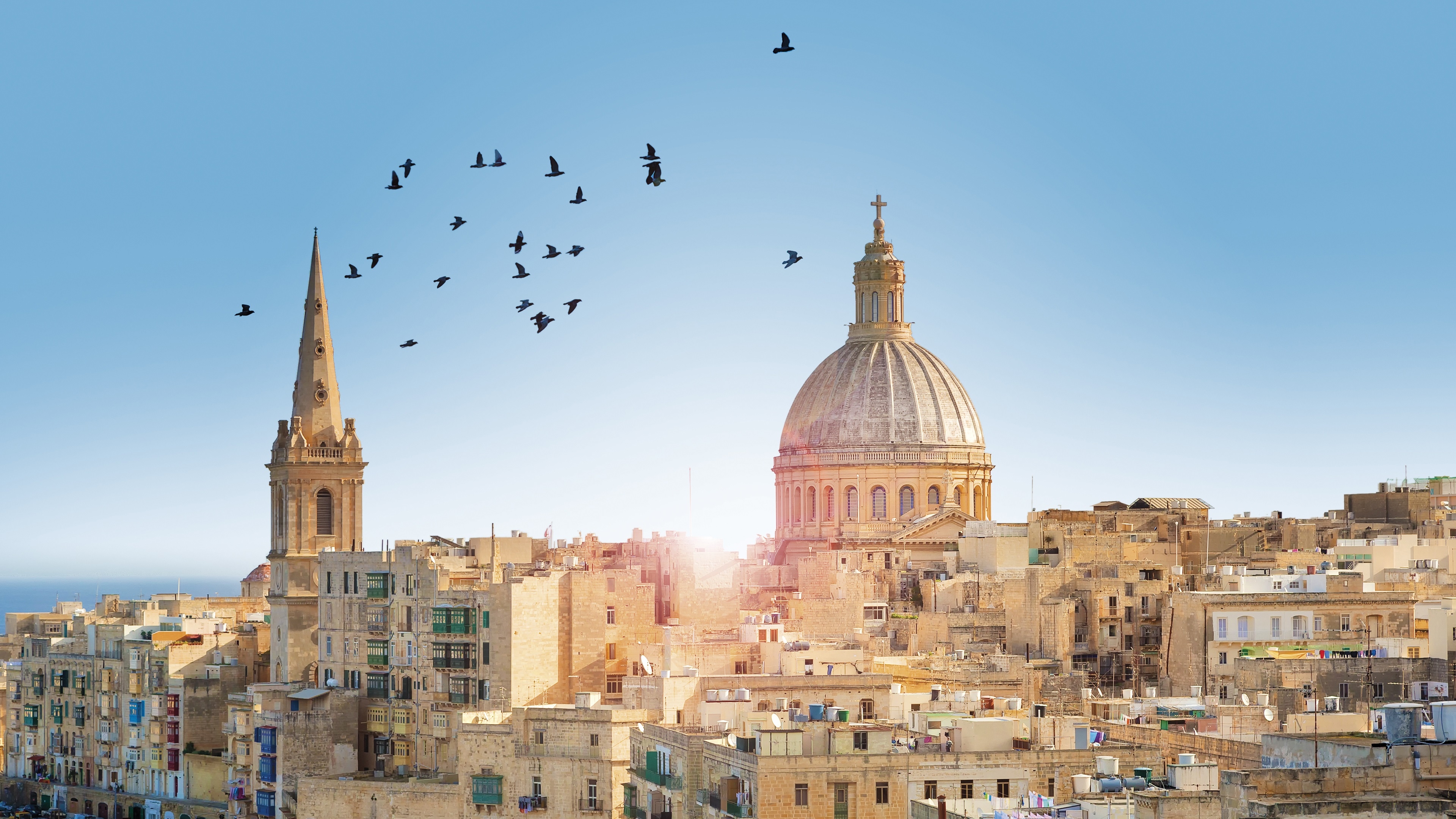 3840x2160 Wallpaper Malta, Valletta City town, buildings, birds, sun rays, Desktop