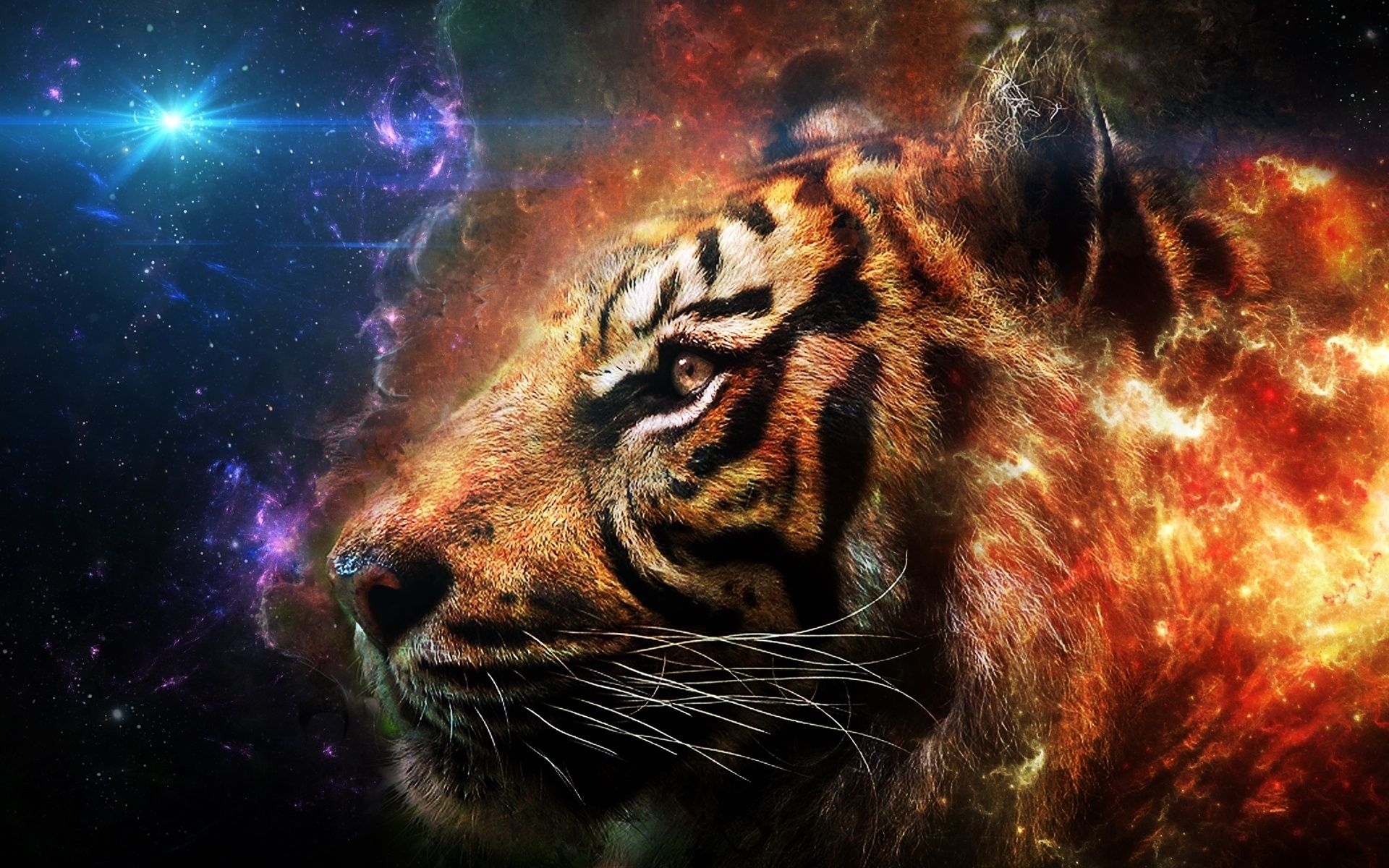 1920x1200 Download wallpaper tiger, galaxy, art, predators, tigers, fire, Desktop