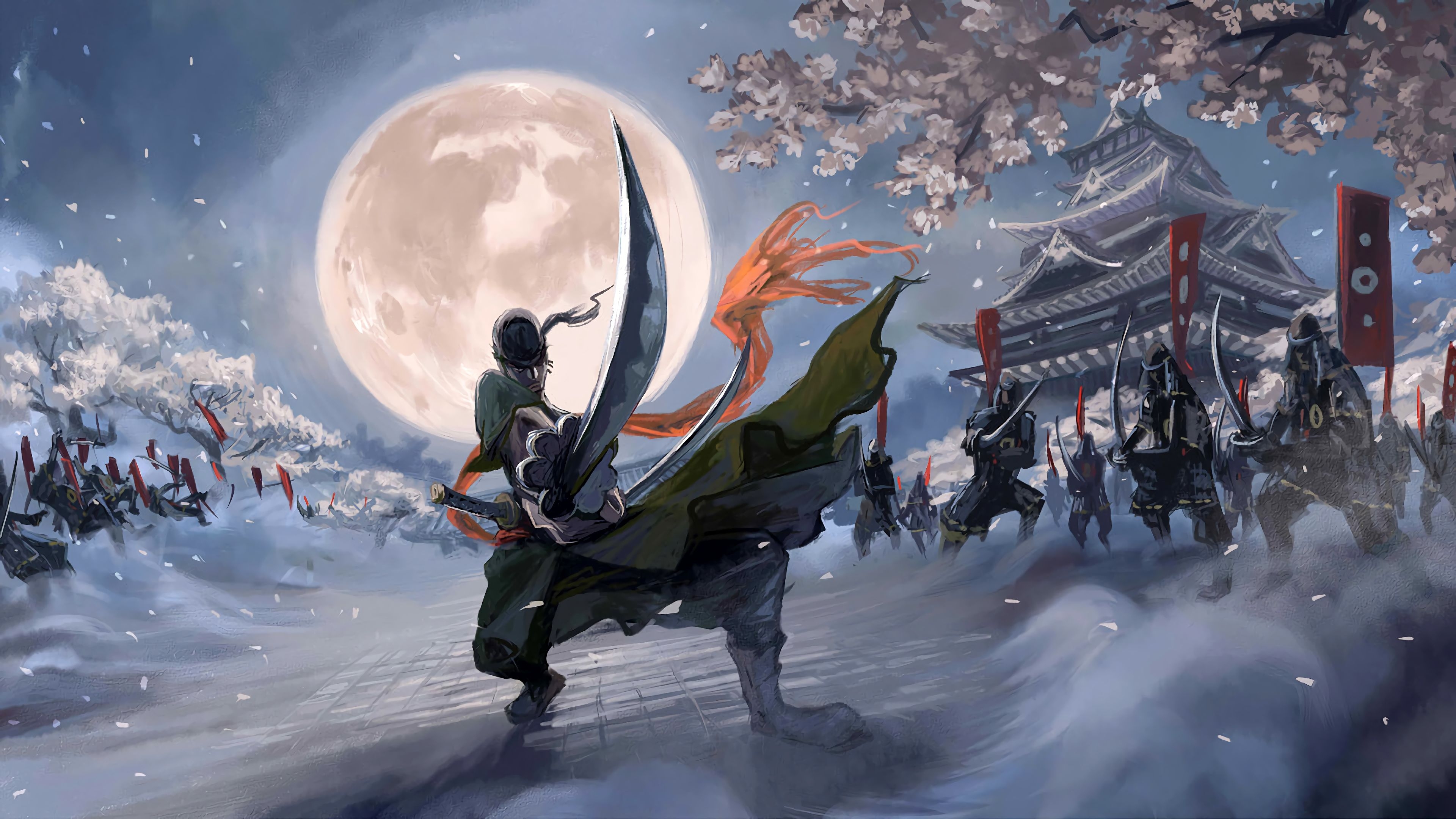 3840x2160 One Piece A Man With Sword Fighting With Background Of Moon 4K HD Anime Wallpaper, Desktop