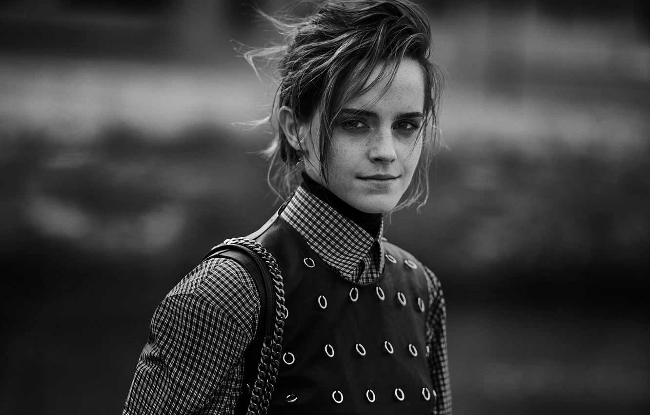 1340x850 Wallpaper photo, background, portrait, actress, black and white, beauty, Emma Watson, Emma Watson, bokeh, Interview, Peter Lindbergh image for desktop, section девушки, Desktop