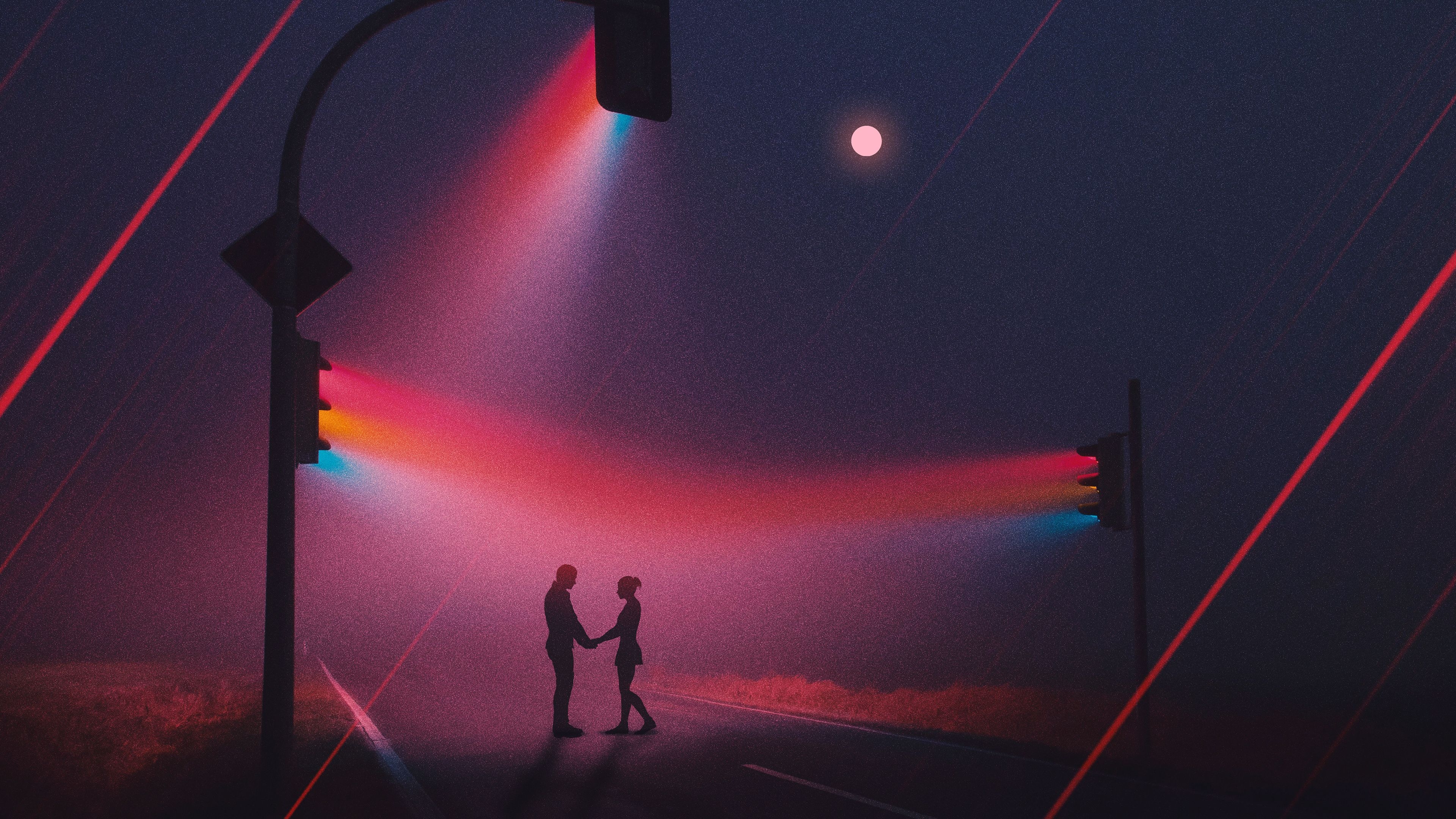 3840x2160 Couple 4K Wallpaper, Silhouette, Traffic lights, Night, Romantic, Focus, Spectrum, Moon, Road, Love, Desktop