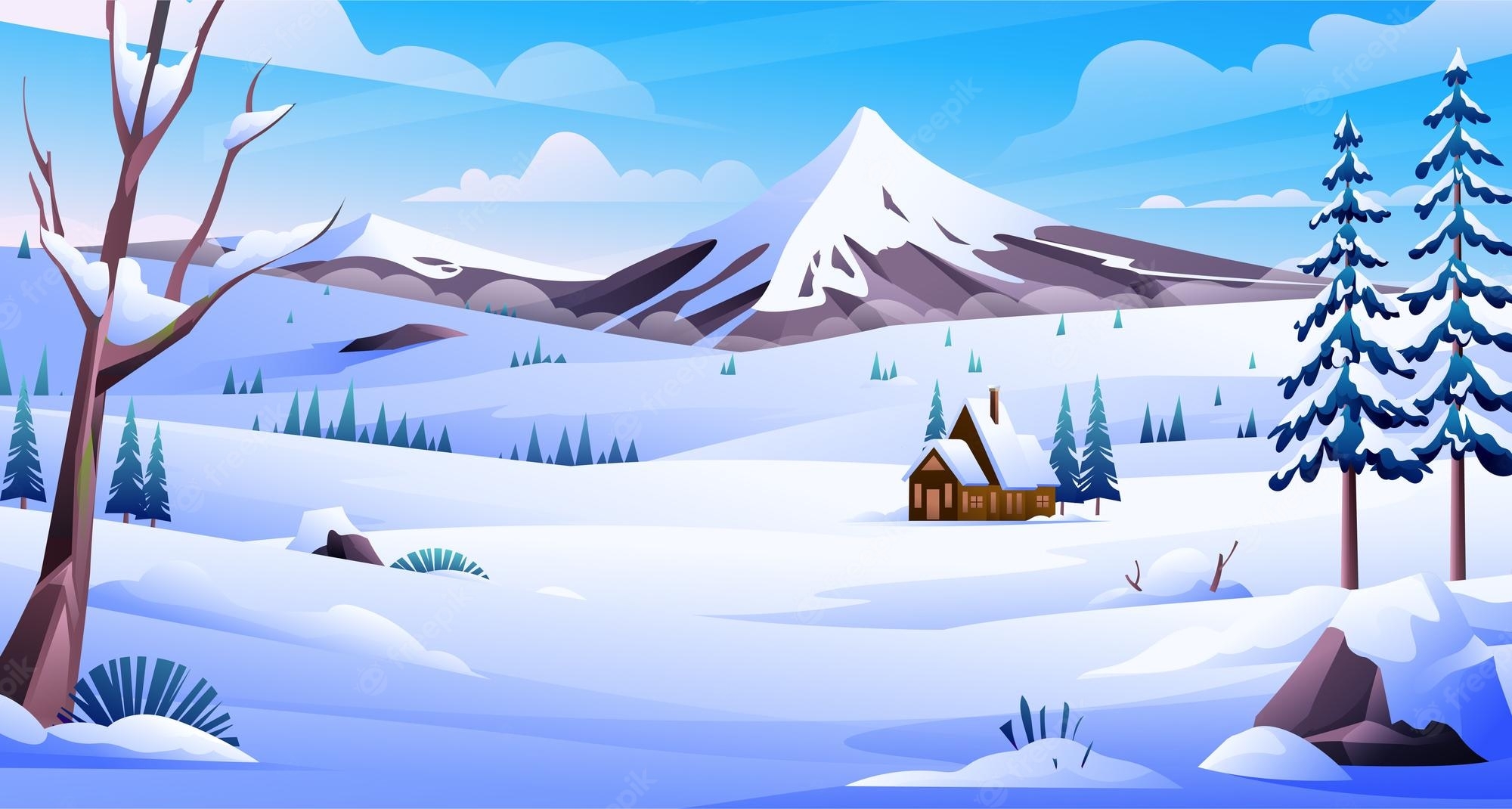 2000x1070 Premium Vector. Winter landscape with a house and mountain background illustration, Desktop