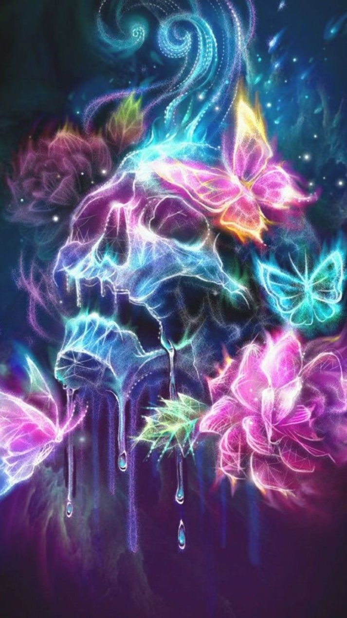 720x1270 Skull art or neon butterfly, why not both styles. Unique neon color artistic thriller wallpaper for you. #purple. Skull art, Skull art drawing, Skull wallpaper, Phone