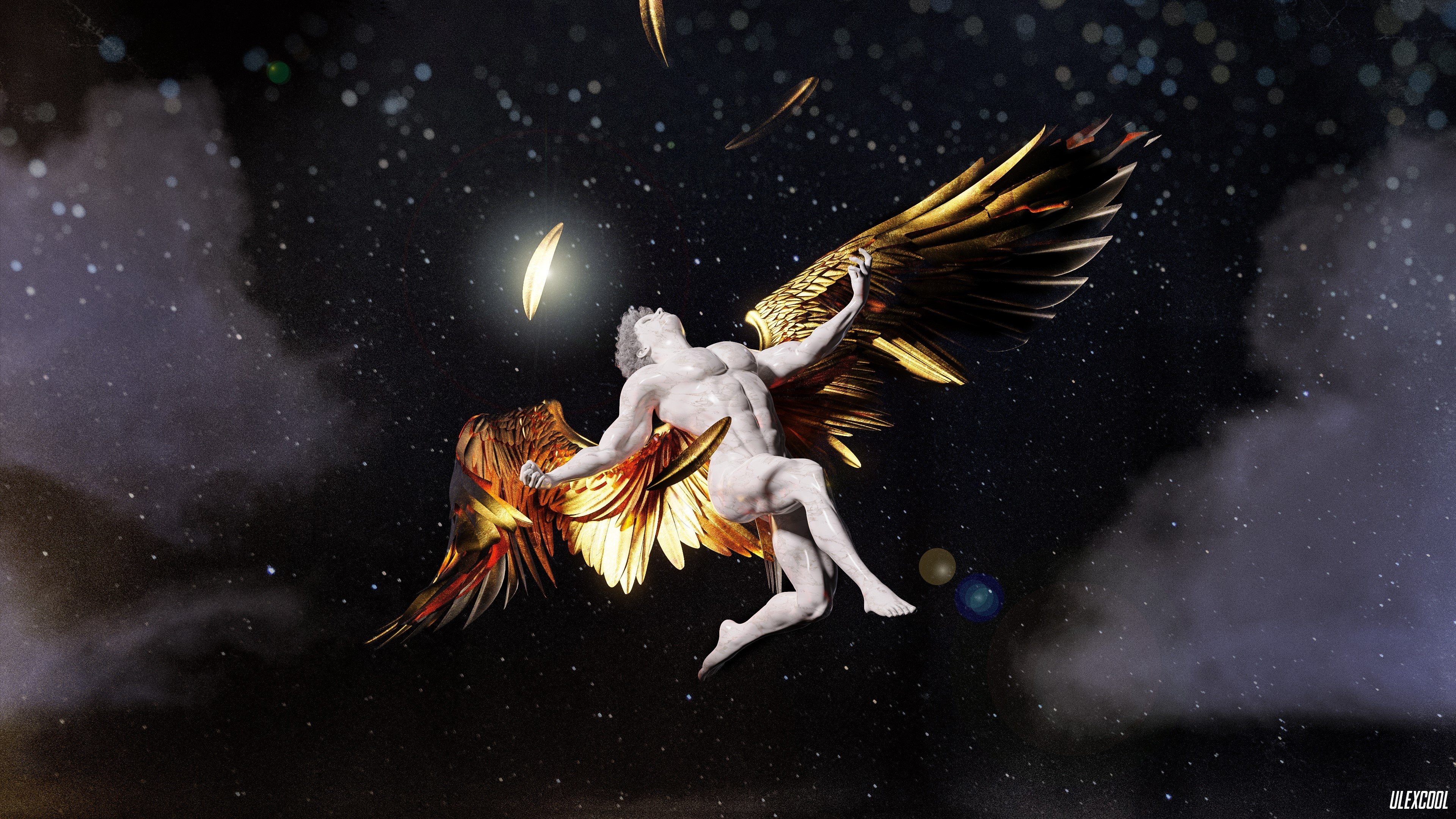 3840x2160 Wallpaper / Greek, mythology, Greek mythology, Ancient Greek sculpture, sculpture, marble, gold, stars, CGI, digital art, 3D graphics, DAZ, Daz 3D, Blender, Icarus, feathers, flying, clouds, Desktop