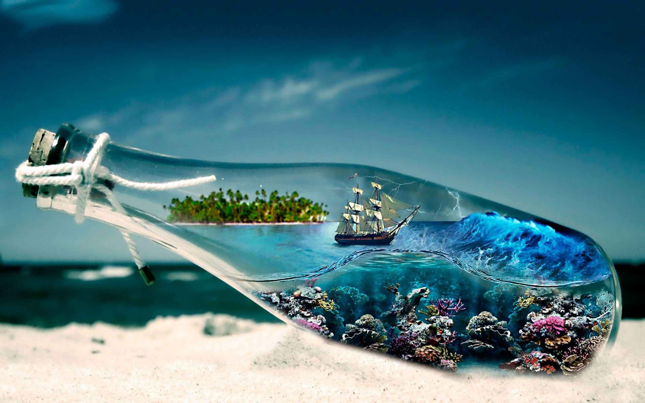 2560x1600 World In Glass Bottle Sea Boat Underwater World Seabed With Corals Desktop Wallpaper HD , Wallpaper13.com, Desktop