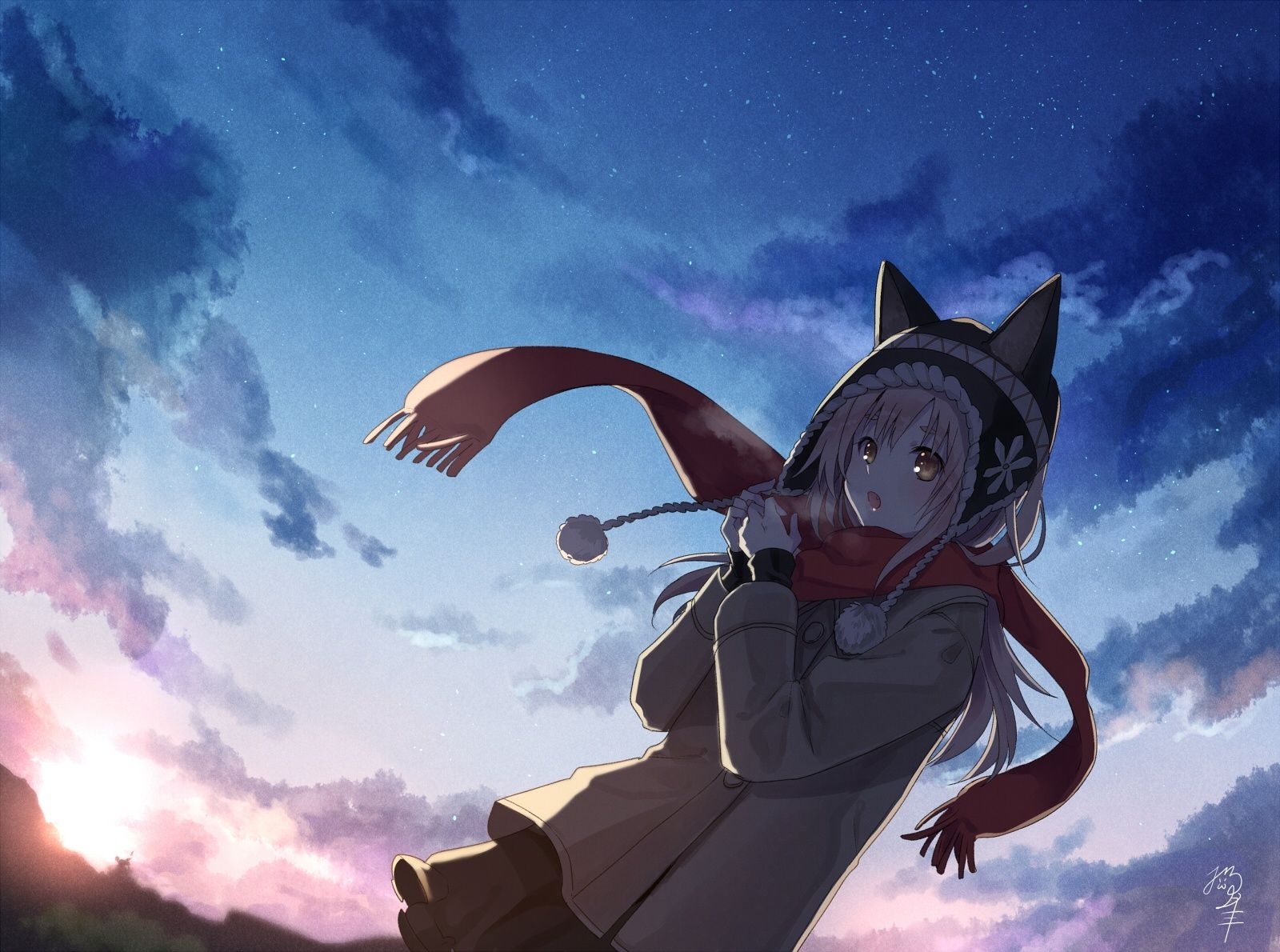 1600x1190 Wallpaper, anime girls, sky, cold, hat, yellow eyes, Desktop