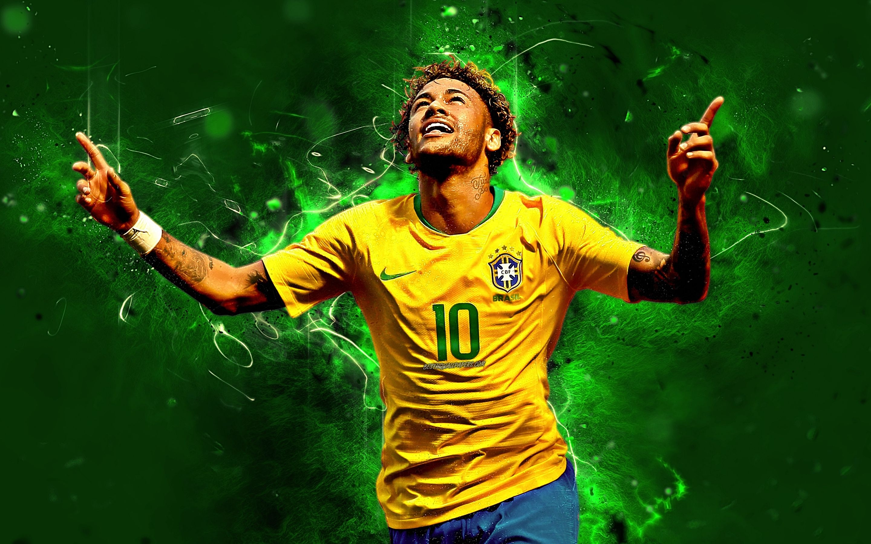 2880x1800 Download wallpaper Neymar, goal, neon lights, football stars, Desktop