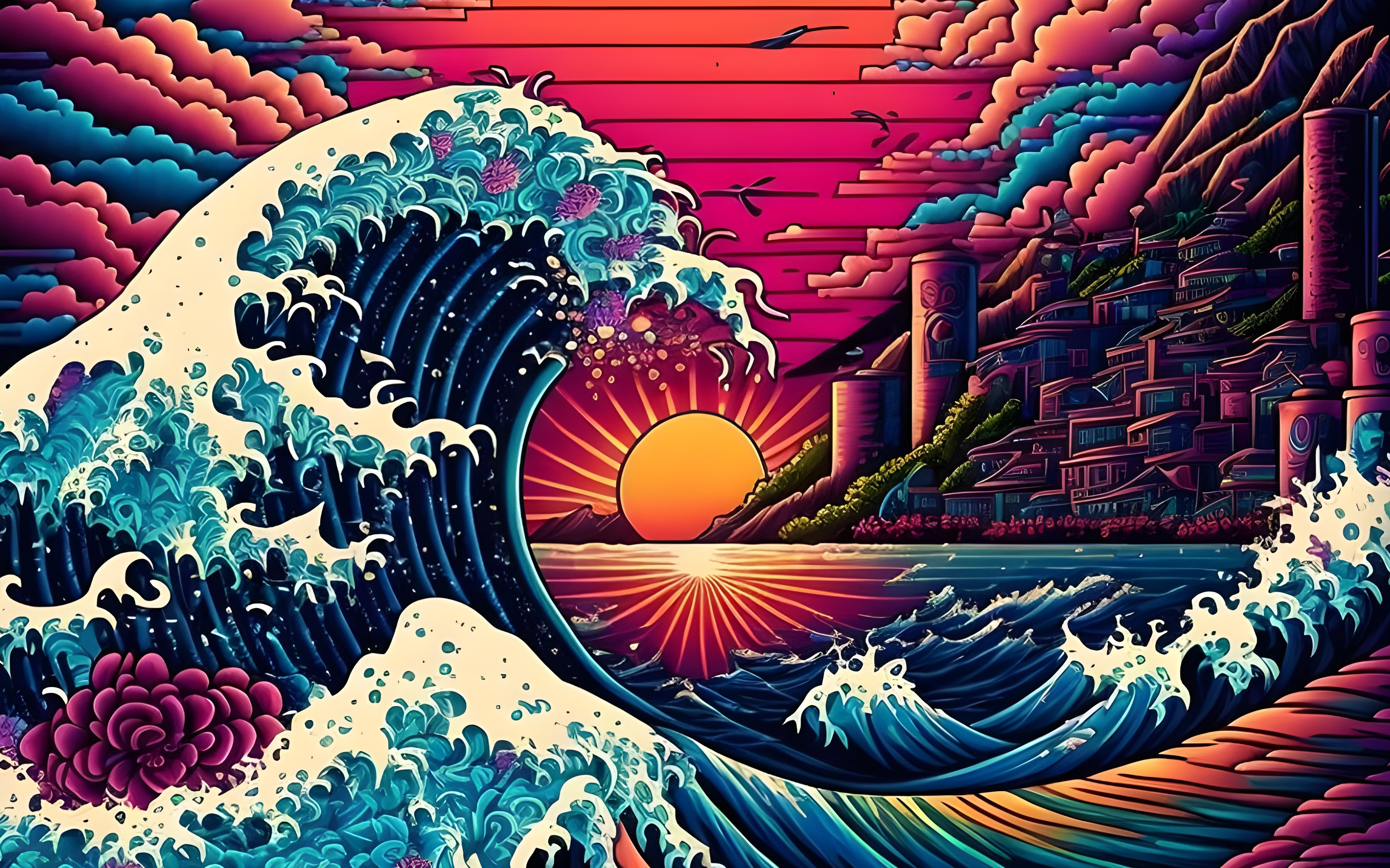 3620x2260 The Great Wave Off Kanagawa Artificial Intelligence 4K Waves Sunset Ai Art Wallpaper:, Desktop