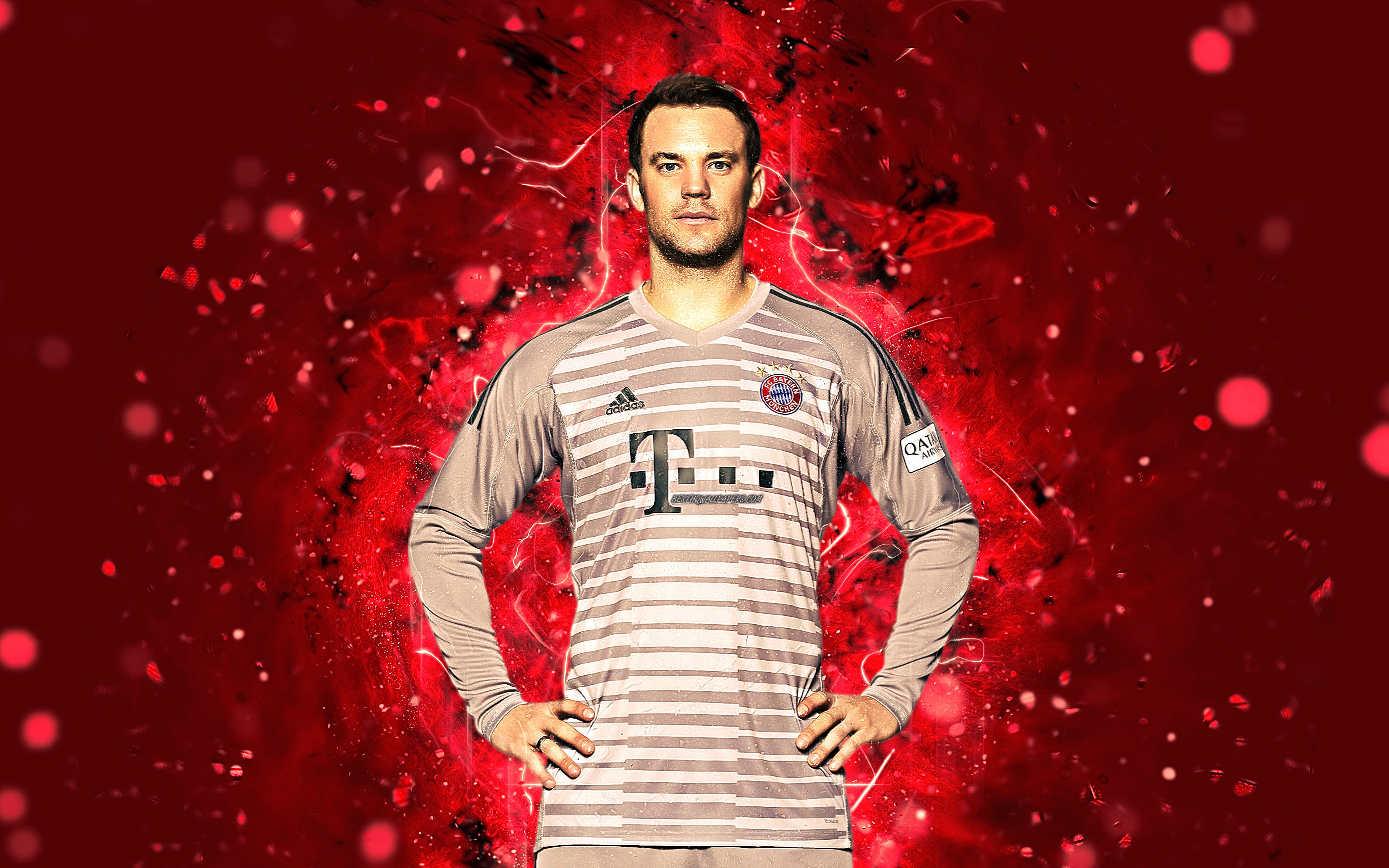 3840x2400 Download wallpaper Manuel Neuer, 4k, abstract art, goalkeeper, football stars, Bayern Munich, soccer, Alaba, Bundesliga, footballers, neon lights, Bayern Munich FC for desktop with resolution. High Quality HD picture wallpaper, Desktop