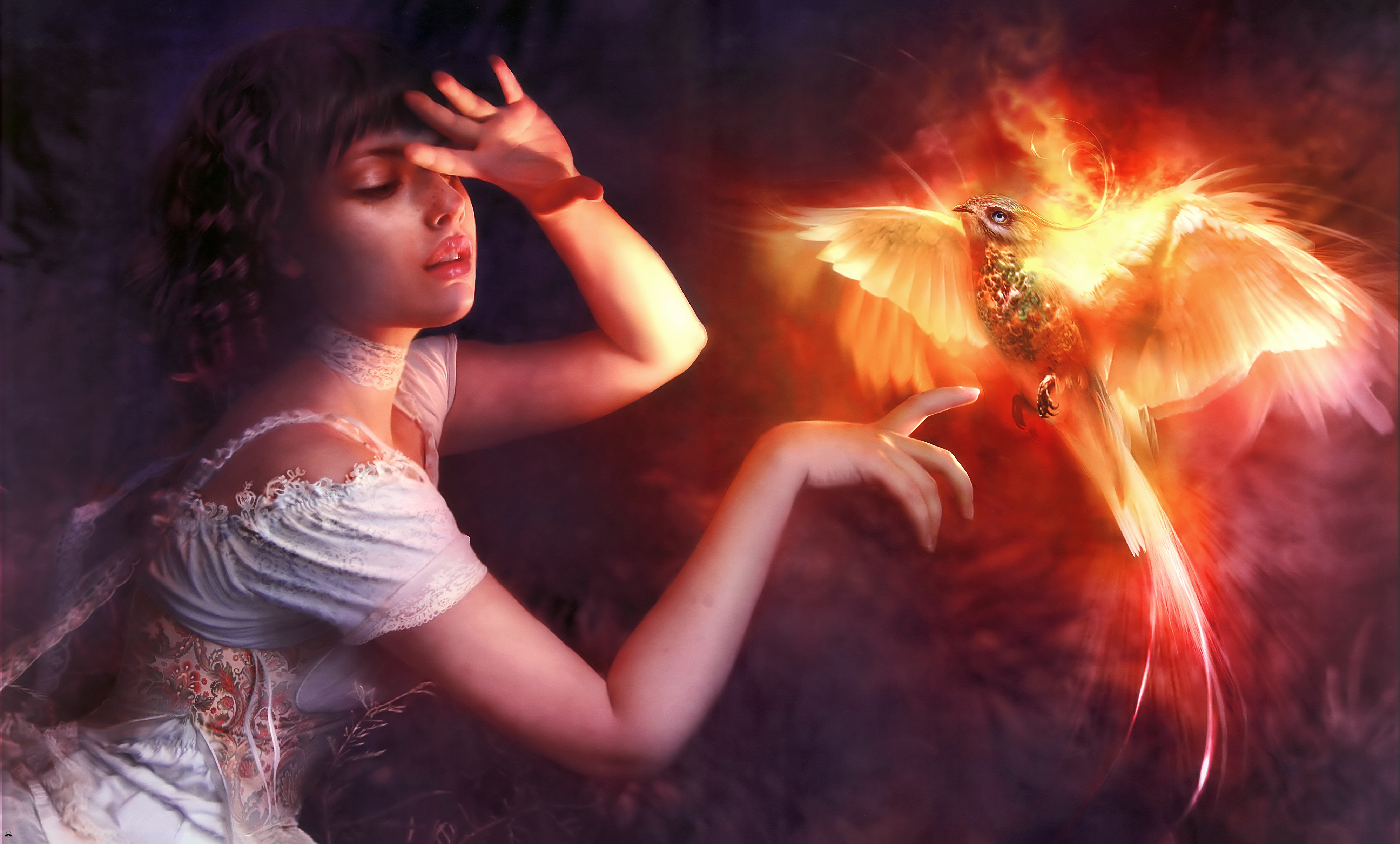 4000x2410 Wallpaper Phoenix Bird With Girl, Birds, Phoenix, Firebird, Lighting, Background Free Image, Desktop