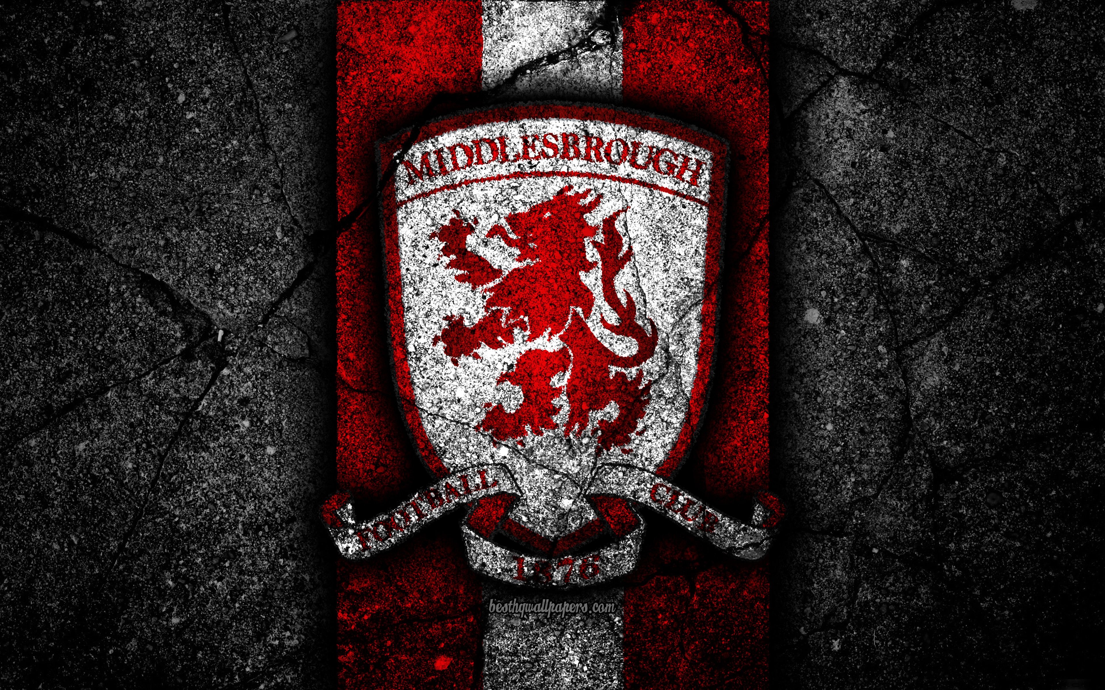 3840x2400 Download wallpaper 4k, Middlesbrough FC, logo, EFL Championship, black stone, football club, England, Middlesbrough, soccer, emblem, asphalt texture, FC Middlesbrough for desktop with resolution. High Quality HD picture wallpaper, Desktop