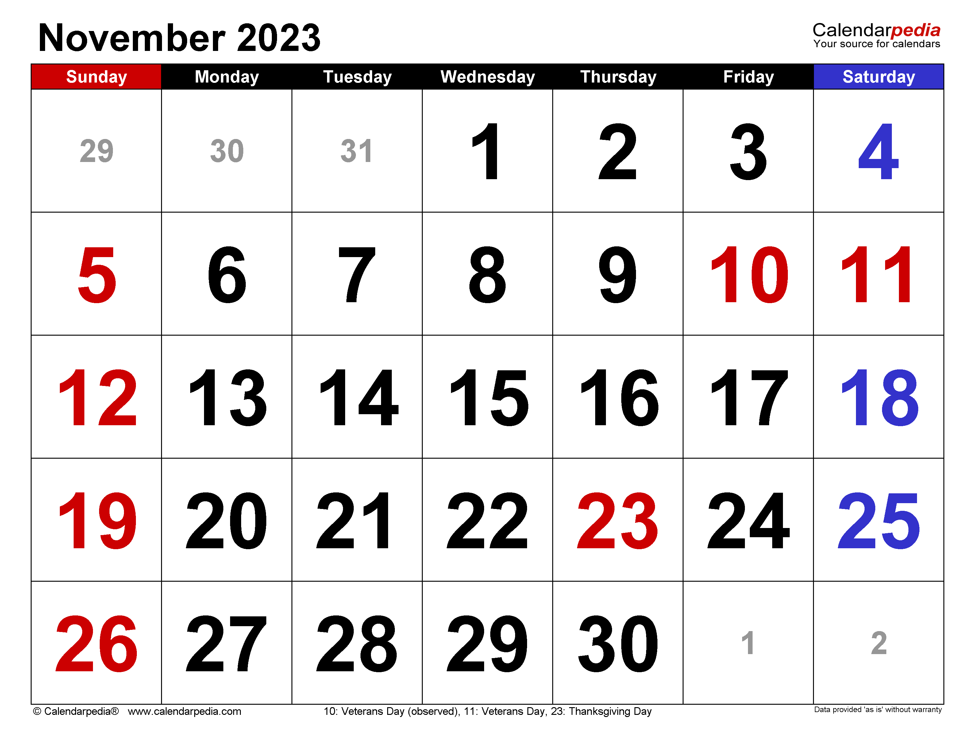 3180x2420 November 2023 Calendar. for Word, Excel, Desktop