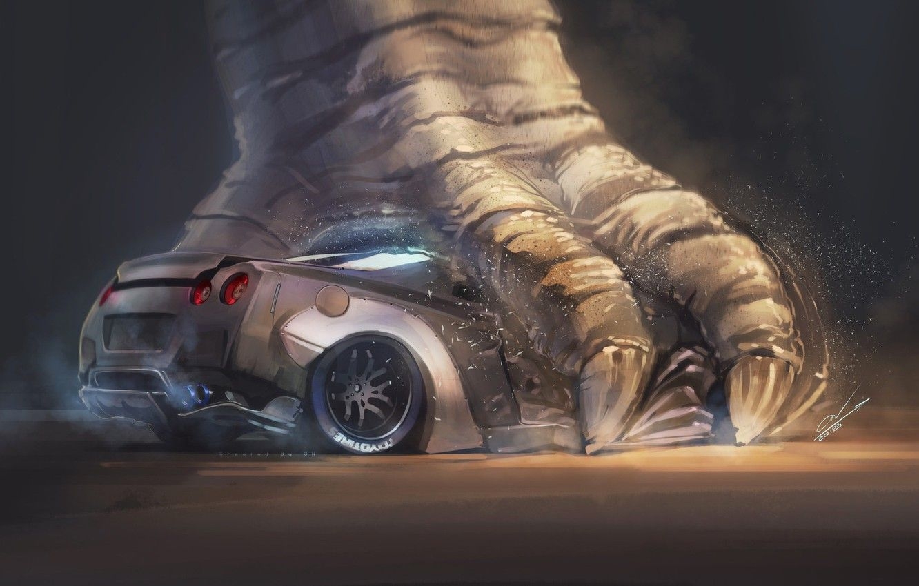 1340x850 Wallpaper Figure, Monster, Background, Paw, Nissan, GT R, Godzilla, Art, Art, Skyline, Nissan Skyline, Godzilla, Gull, Nissan Skyline R32 GT R, R32 GT R, By Oakkar Nyi Image For Desktop, Section фантастика, Desktop