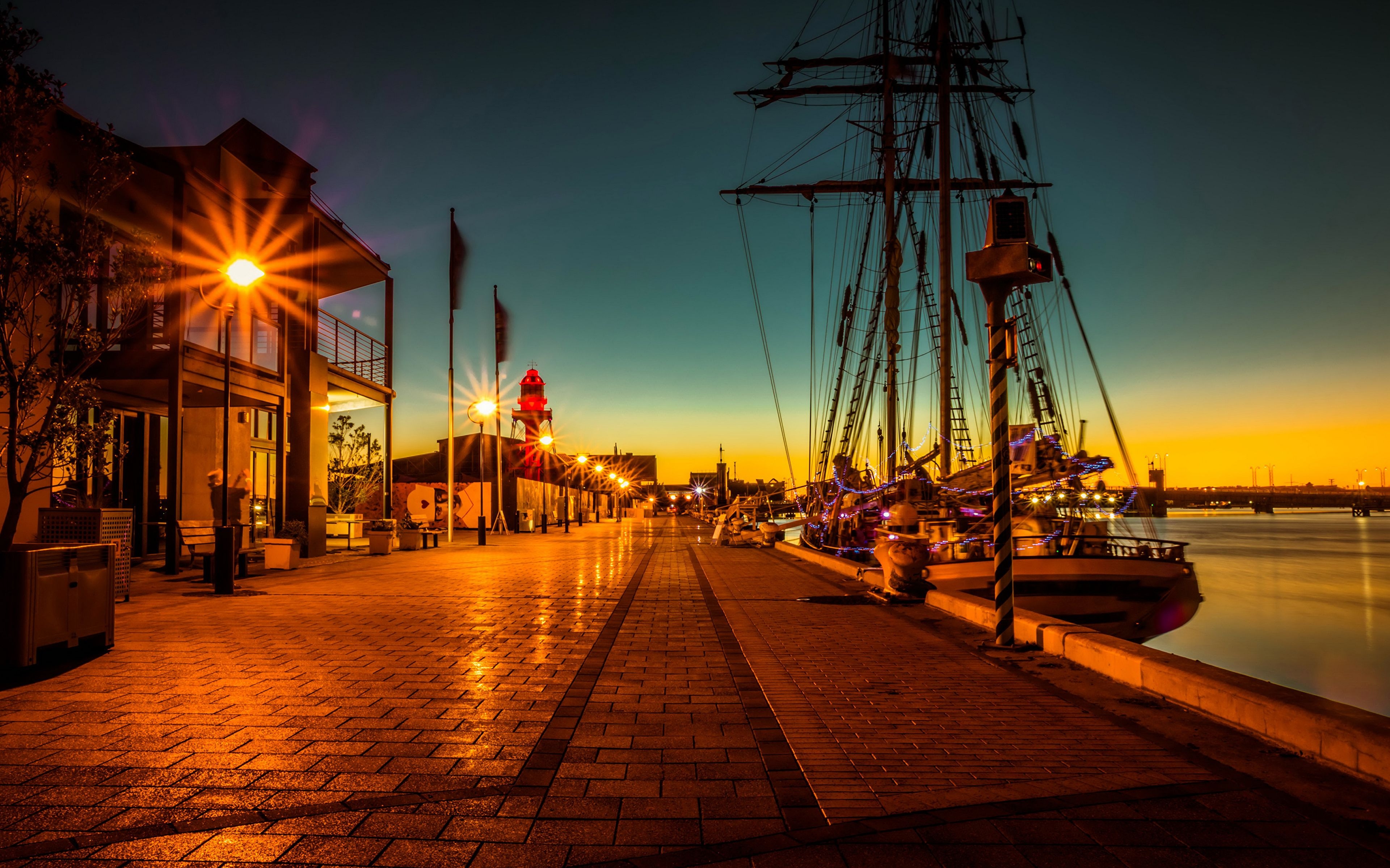 3840x2400 image Australia Port Adelaide Ships Pier Night Waterfront, Desktop