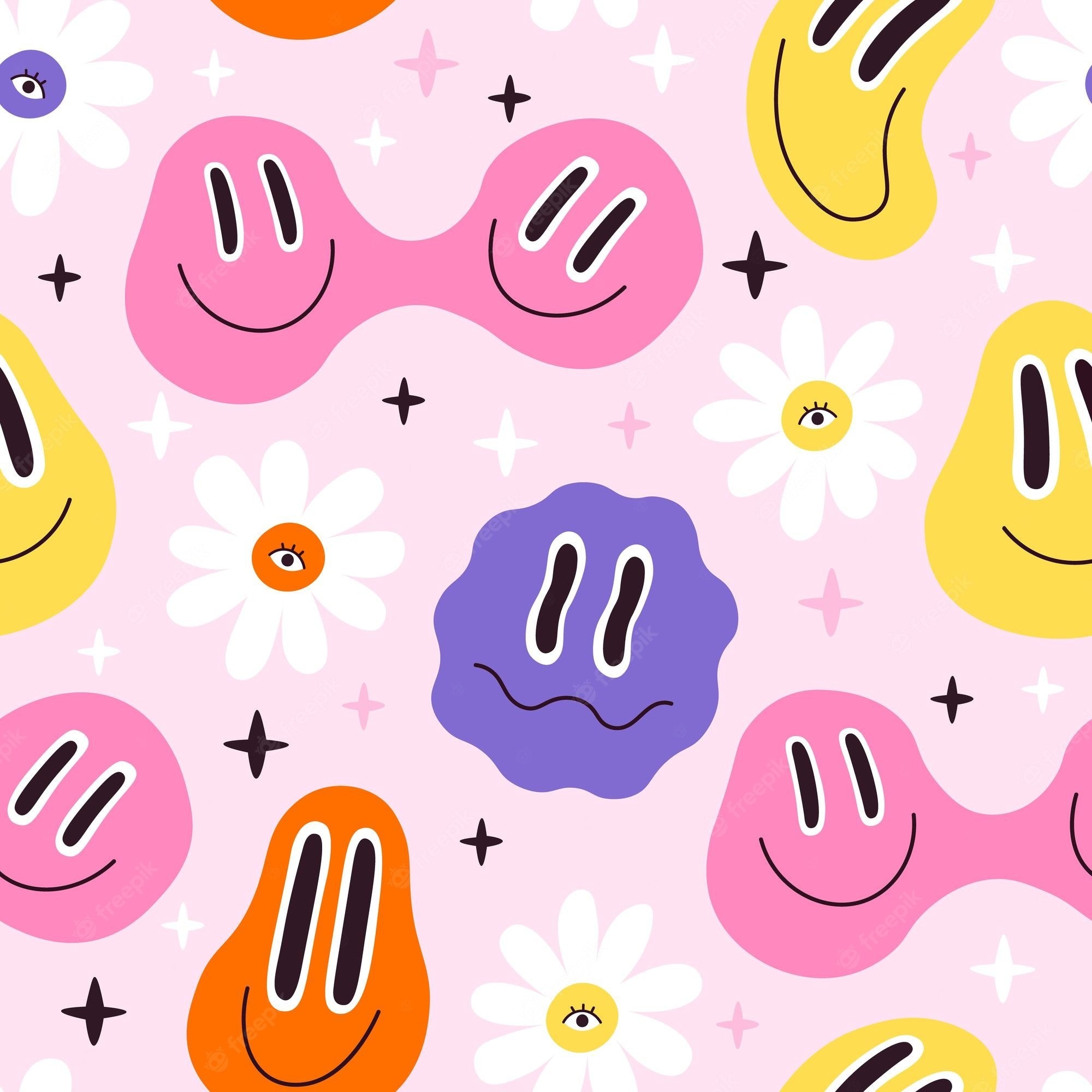 2000x2000 Premium Vector. Melted smiley faces and flowers, trippy seamless pattern. retro hippie psychedelic distorted emoji. lava lamp smiley face vector wallpaper, Phone