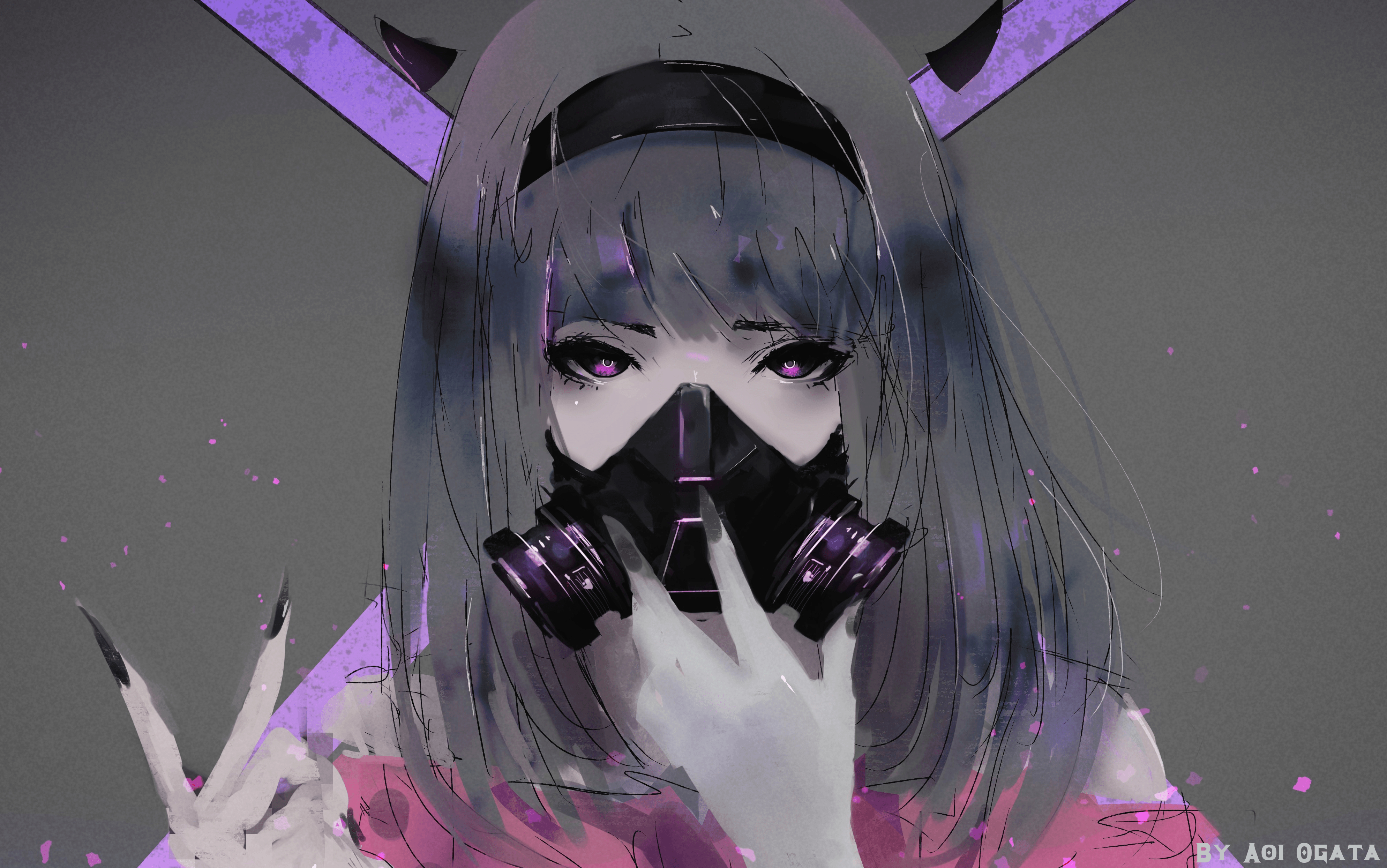 3980x2490 Purple Eyes, Horns, Girl, Black Hair, Gas Mask, Long Hair, Desktop