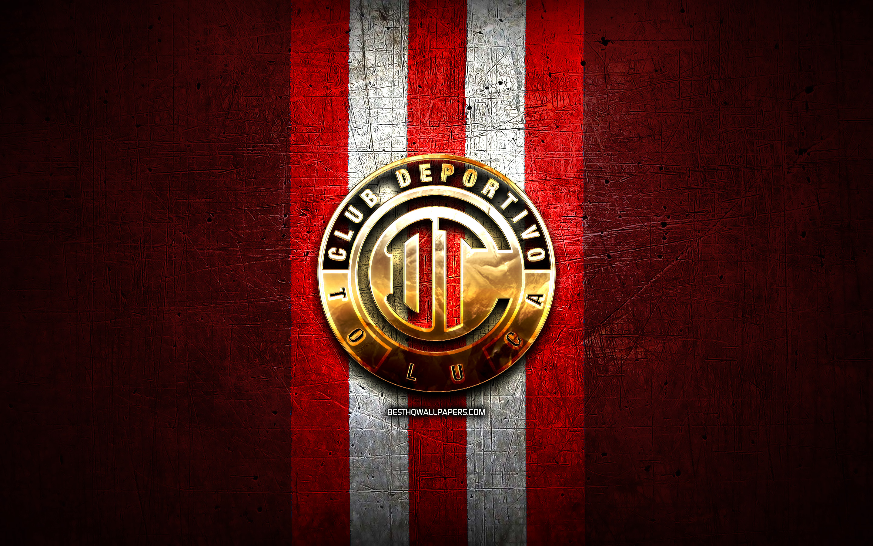 2880x1800 Download wallpaper Deportivo Toluca FC, golden logo, Liga MX, red metal background, football, Club Deportivo Toluca, mexican football club, Deportivo Toluca logo, soccer, Mexico for desktop with resolution. High Quality HD, Desktop