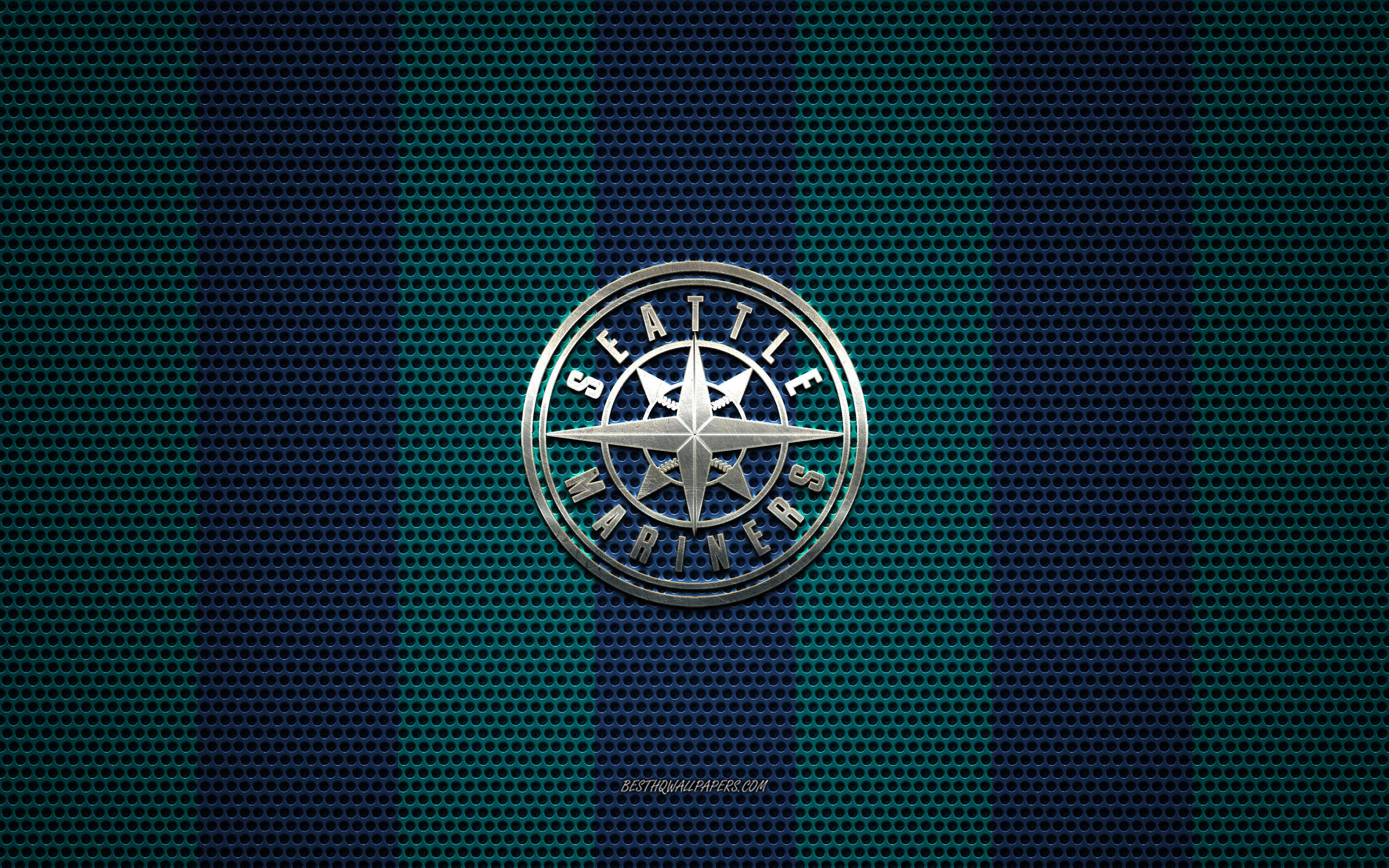 2880x1800 Download wallpaper Seattle Mariners logo, American baseball club, metal emblem, blue black metal mesh background, Seattle Mariners, MLB, Seattle, Washington, USA, baseball for desktop with resolution. High Quality HD picture wallpaper, Desktop