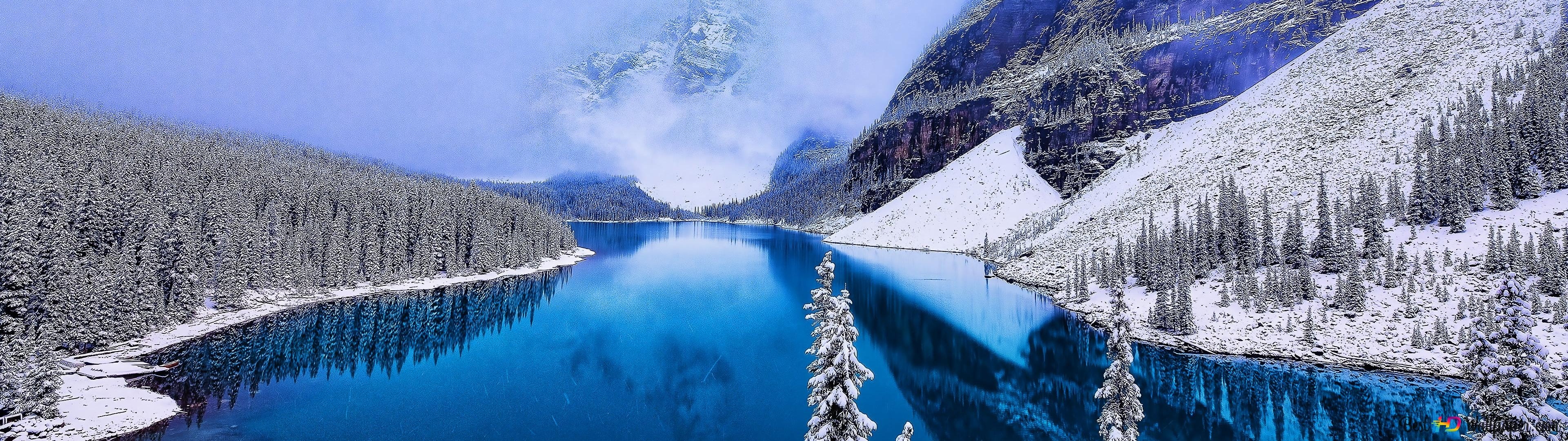 3840x1080 Winter landscape of misty snowy mountains and lake 4K wallpaper download, Dual Screen