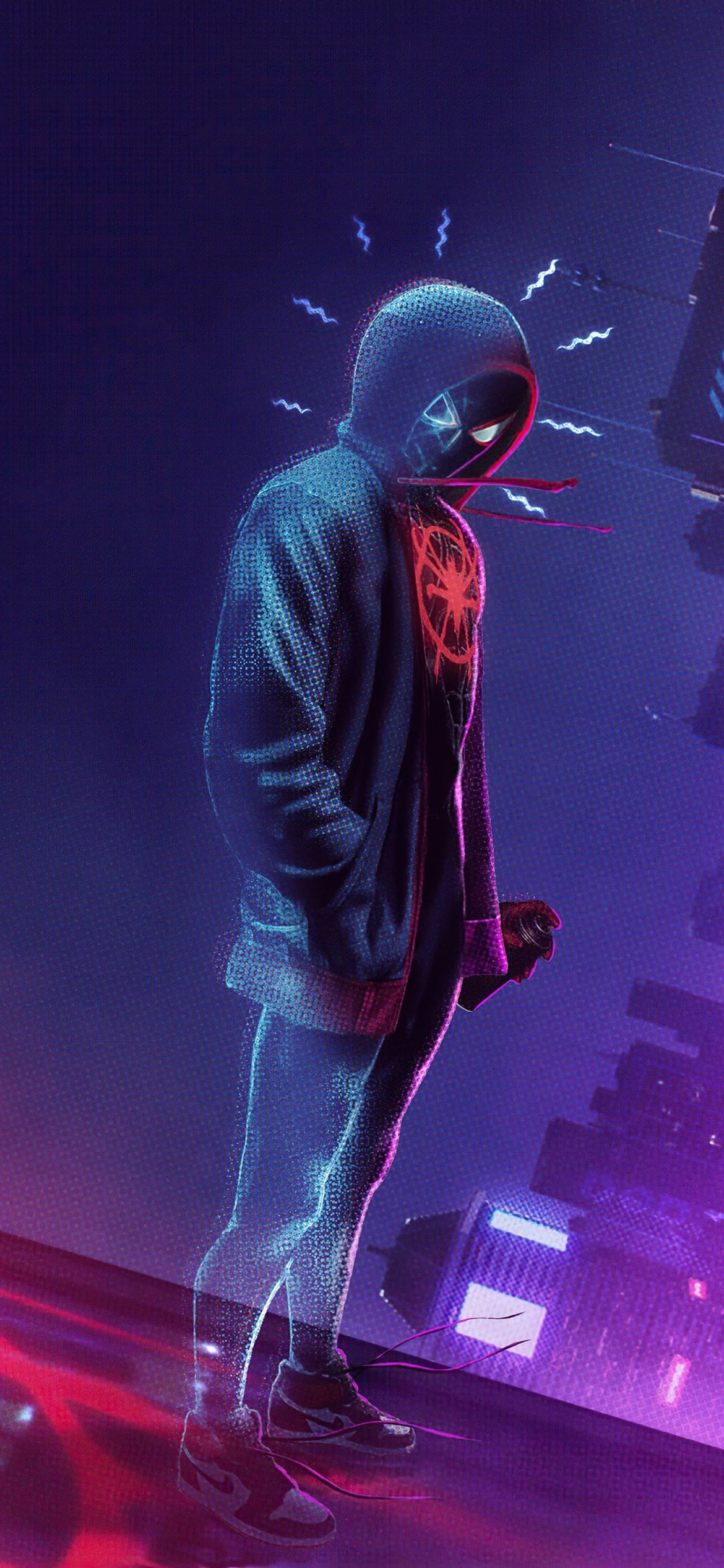 1170x2540 spider man miles morales noise iPhone 12 Wallpaper Free Download, Phone