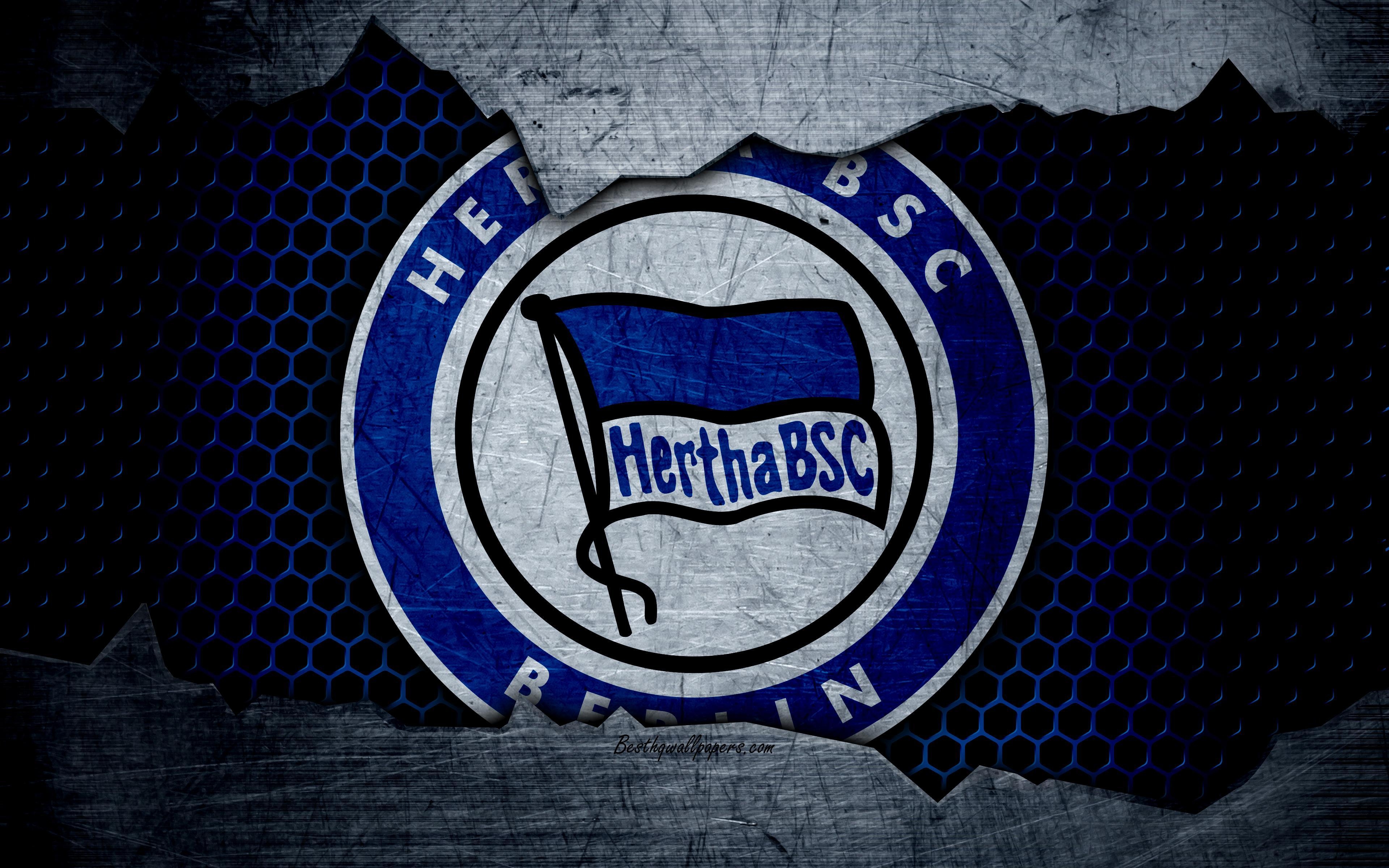 3840x2400 Download wallpaper Hertha, 4k, logo, Bundesliga, metal texture, Desktop