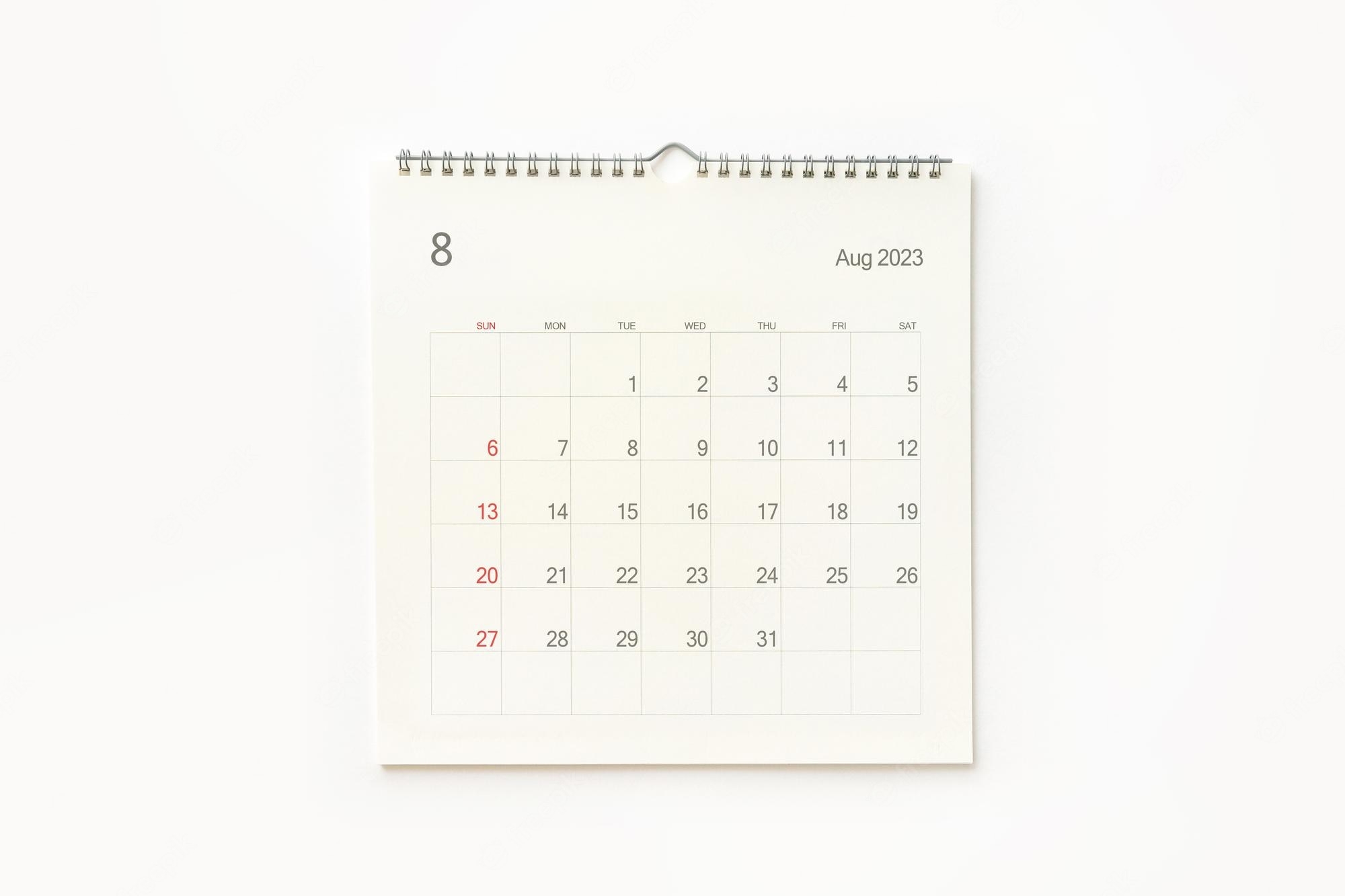 2000x1340 Premium Photo. August 2023 calendar page on white calendar background for reminder business planning appointment meeting and event, Desktop