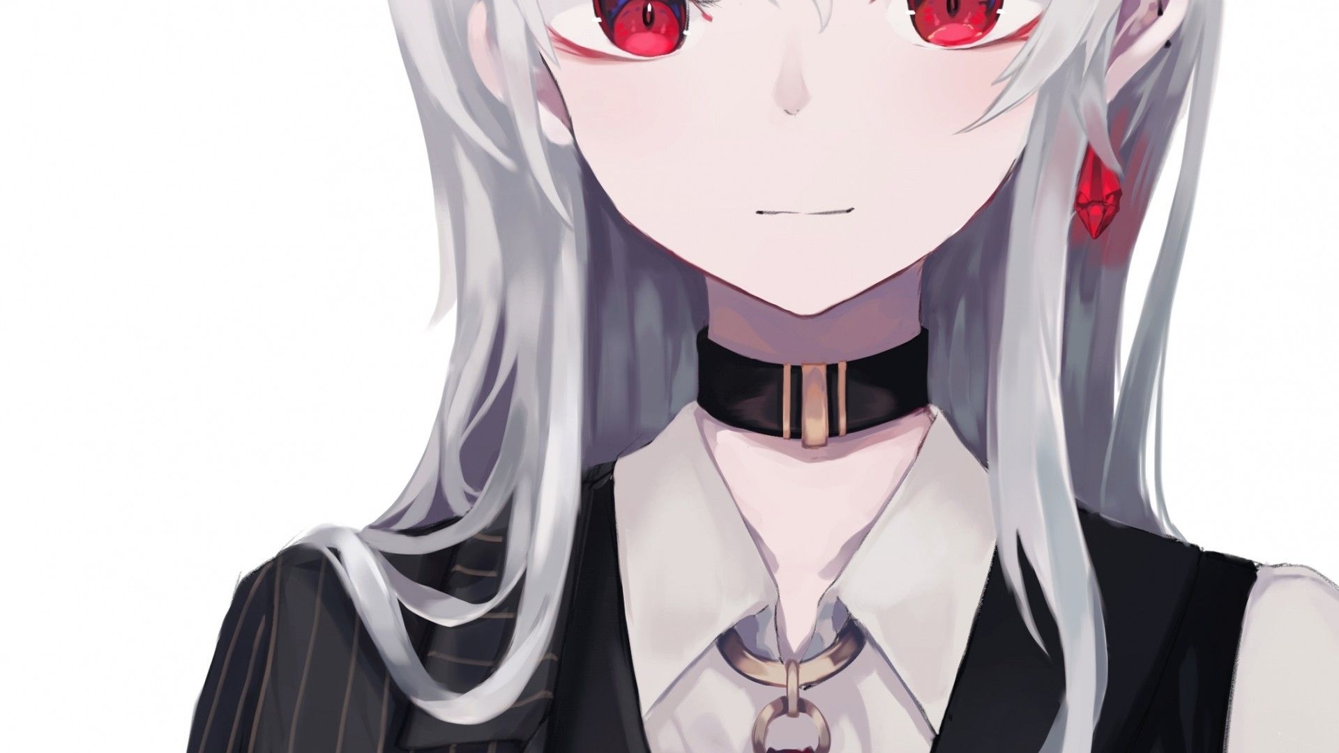 1920x1080 Anime Girl, Suit, Red Eyes, Heart, White Hair, Choker, Desktop