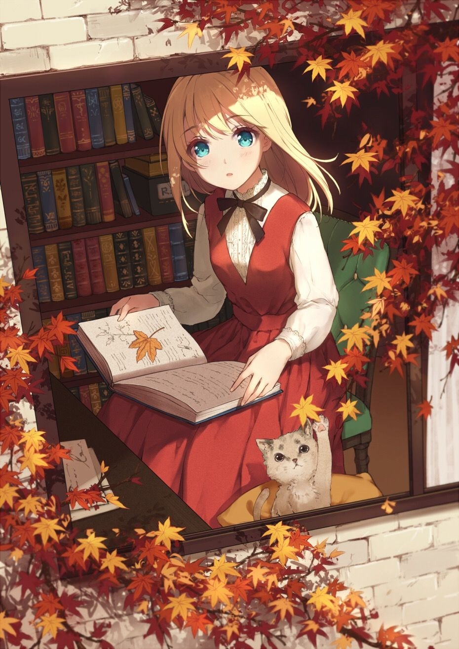 930x1320 Anime Anime Girls Books Cats Window Leaves Fall Blonde Wallpaper:, Phone