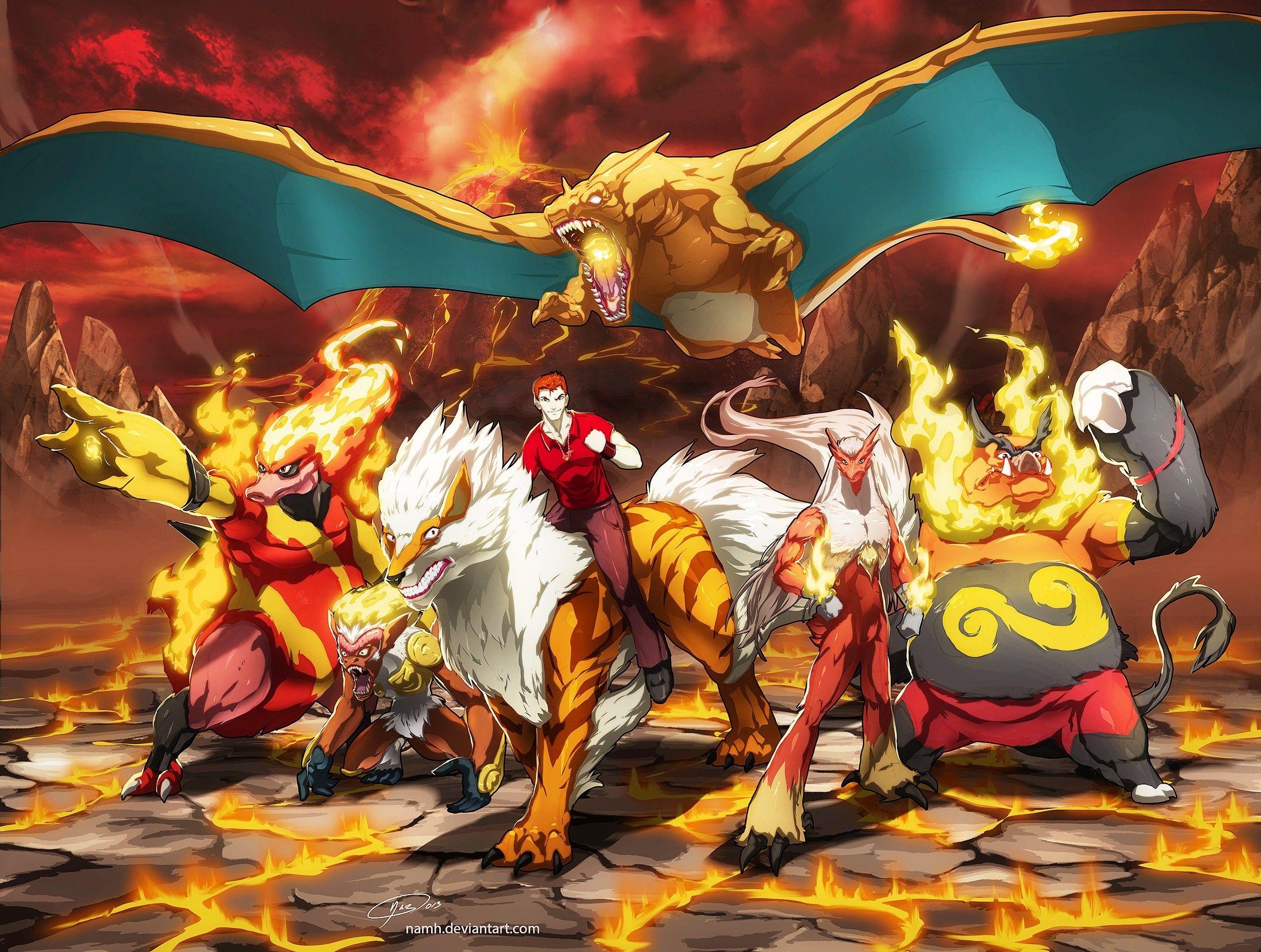 2330x1760 Nintendo, pokemon, mountains, landscapes, fire, lava, Blaziken, Desktop