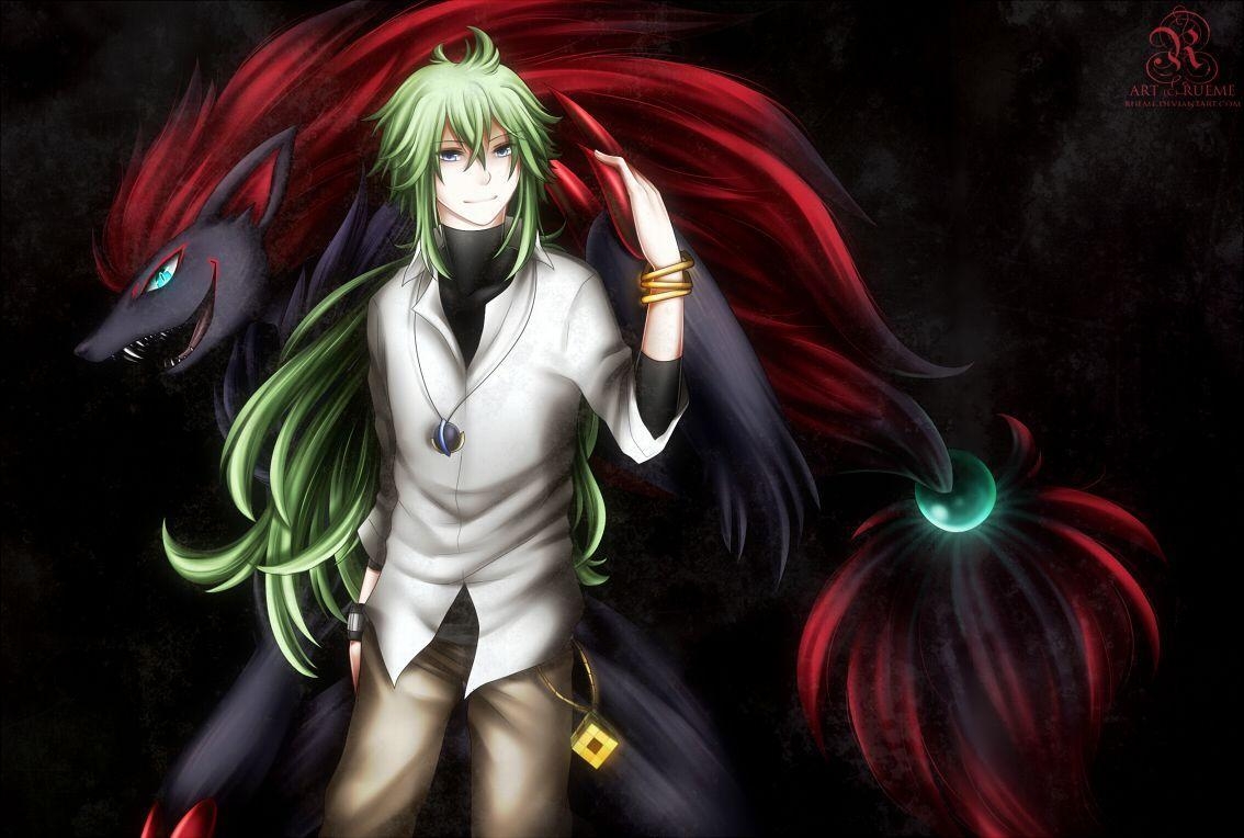 1140x770 blue eyes, green hair, long hair, n, pokemon, zoroark, Desktop