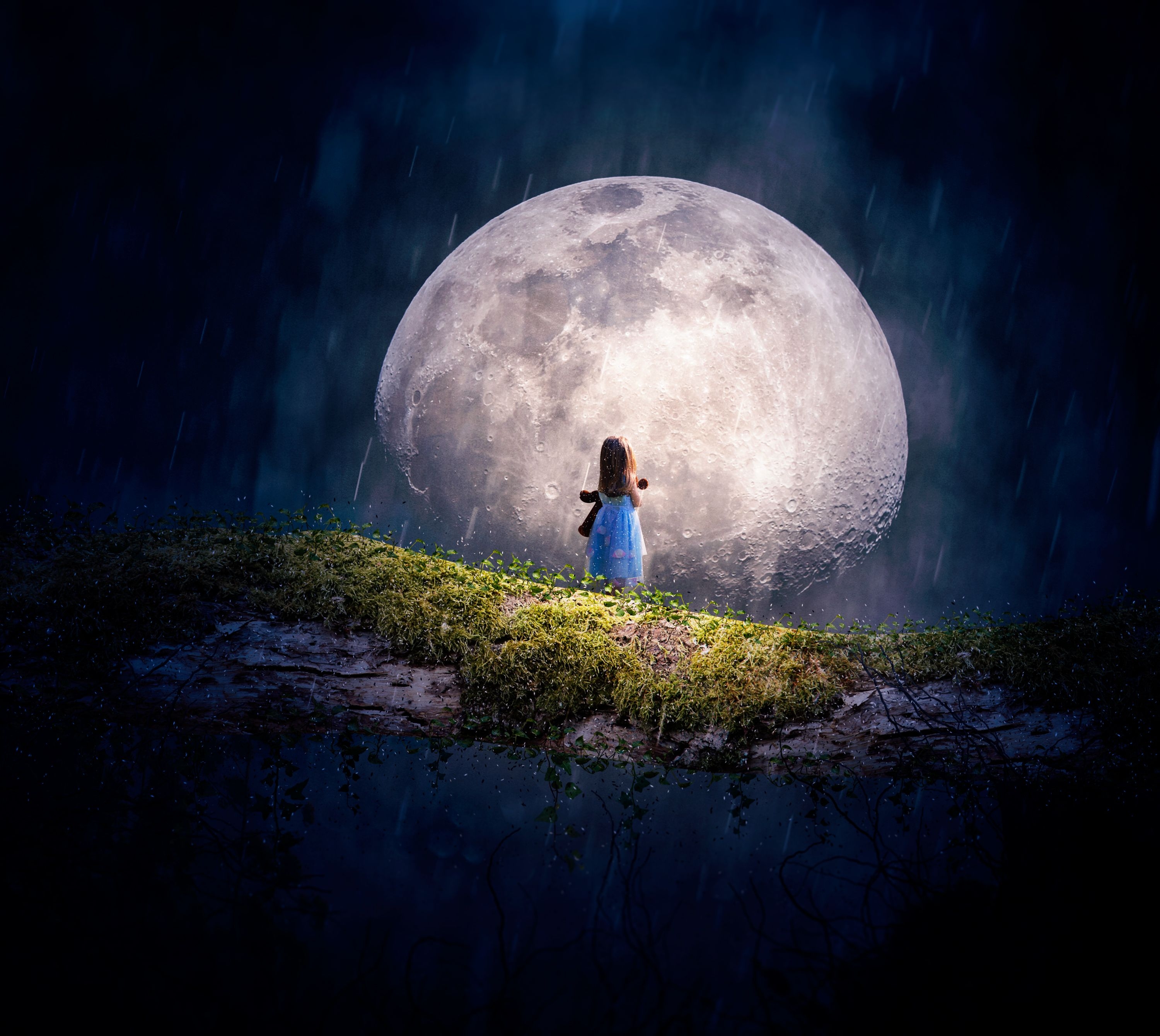 3000x2680 Cute girl 4K Wallpaper, Adorable, Moon, Surreal, Alone, Fantasy, Desktop