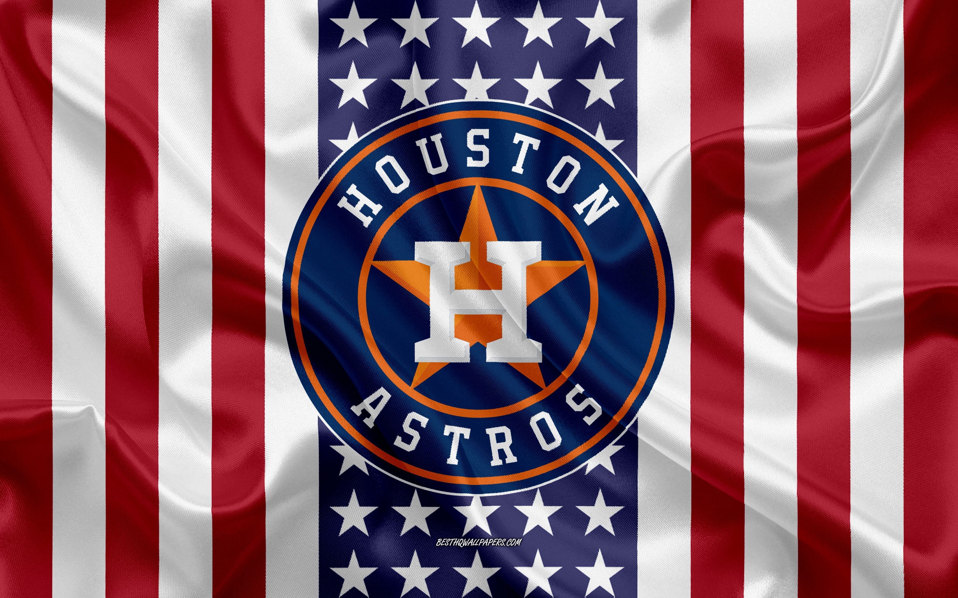 3840x2400 Download wallpaper Houston Astros, 4k, logo, emblem, silk texture, American flag, American baseball club, MLB, Houston, Texas, USA, Major League Baseball, baseball, silk flag for desktop with resolution. High Quality HD, Desktop