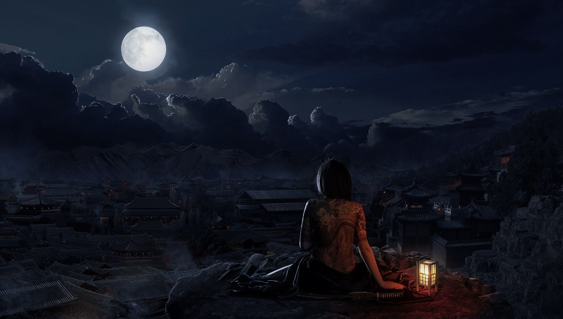 1920x1090 Village Moon Night Oriental Drawing Tattoo Women Fantasy Art Lantern CGi Anime Fantasy Girl Fantasy Wallpaper:, Desktop