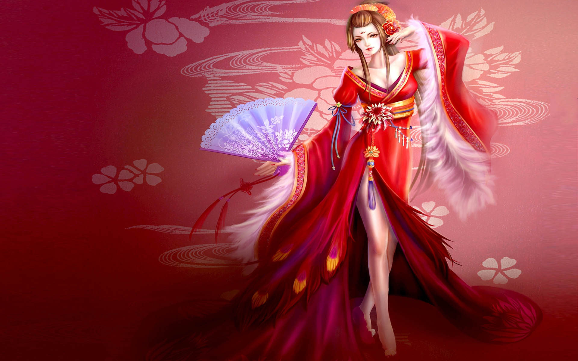 1920x1200 Oriental Princess in red dress and Hand Fan fantasy art wallpaper, Wallpaper13.com, Desktop