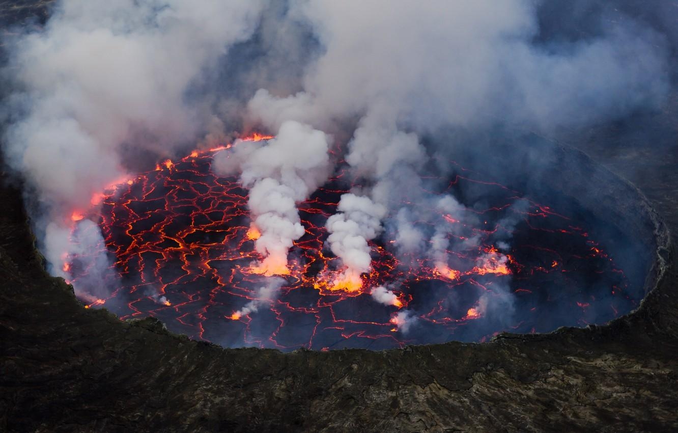 1340x850 Wallpaper lake, lava, stratovolcano, Mount Nyiragongo, Virunga, Desktop