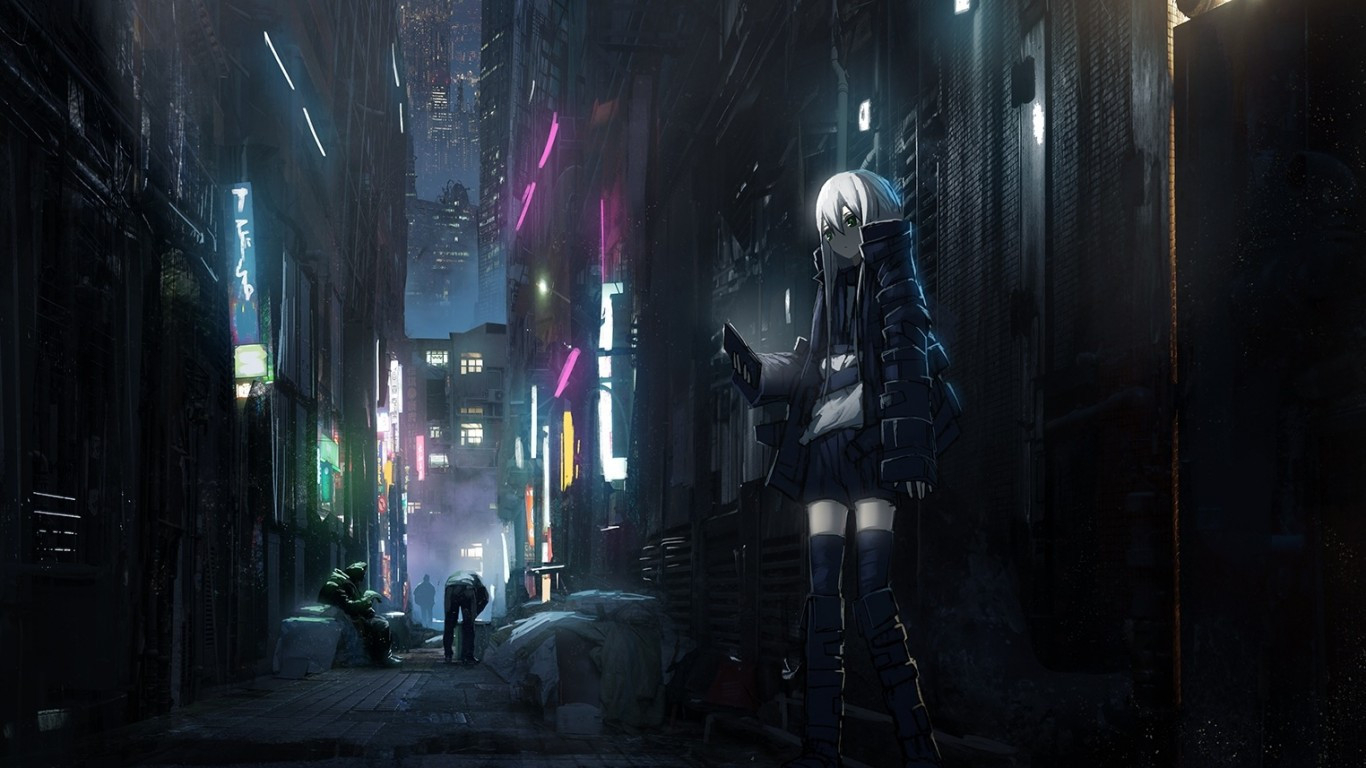 1370x770 Download  Anime Dark City, Skyscrapers, Back Streets, Girl, People, Neon Lights Wallpaper for Laptop, Notebook, Desktop