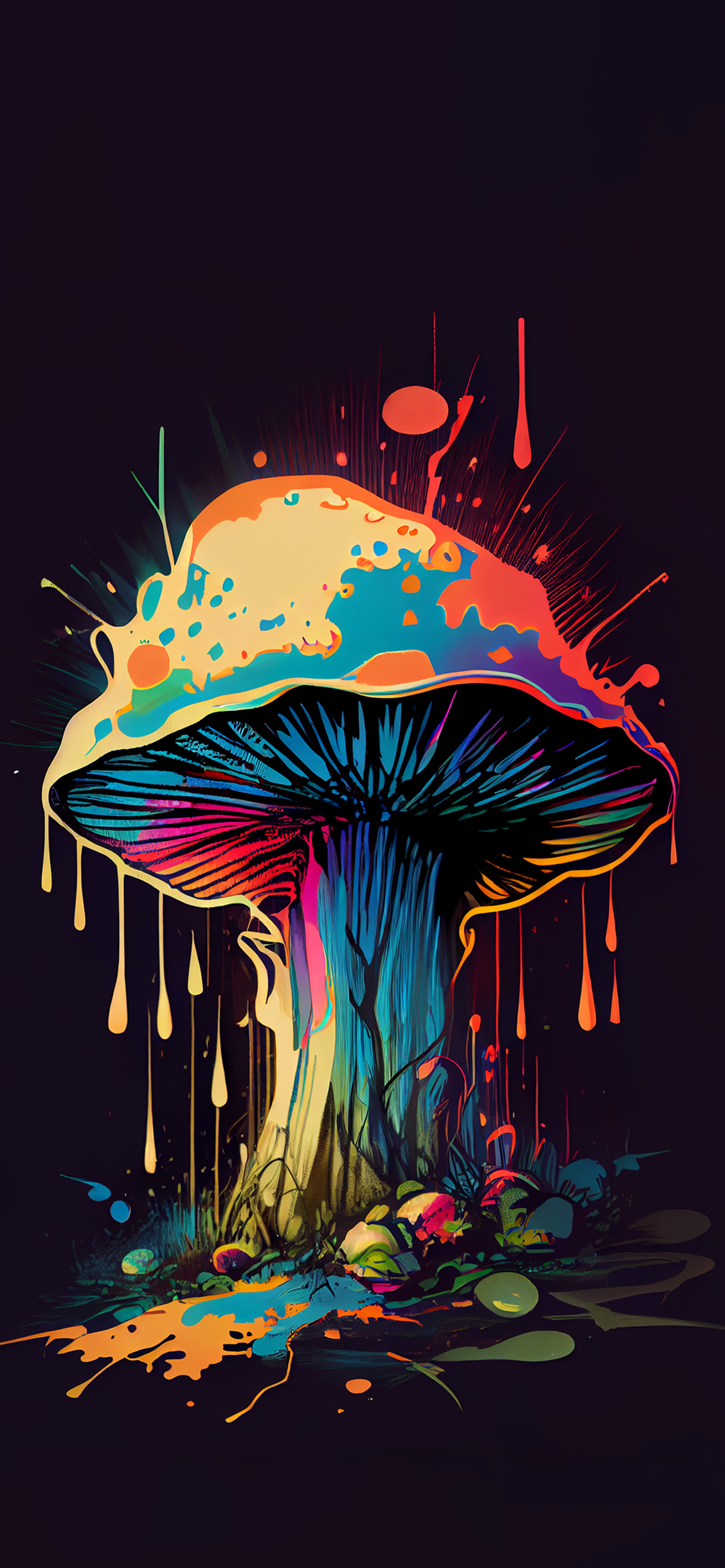 1190x2560 Colorful Trippy Mushroom Black Wallpaper, Phone