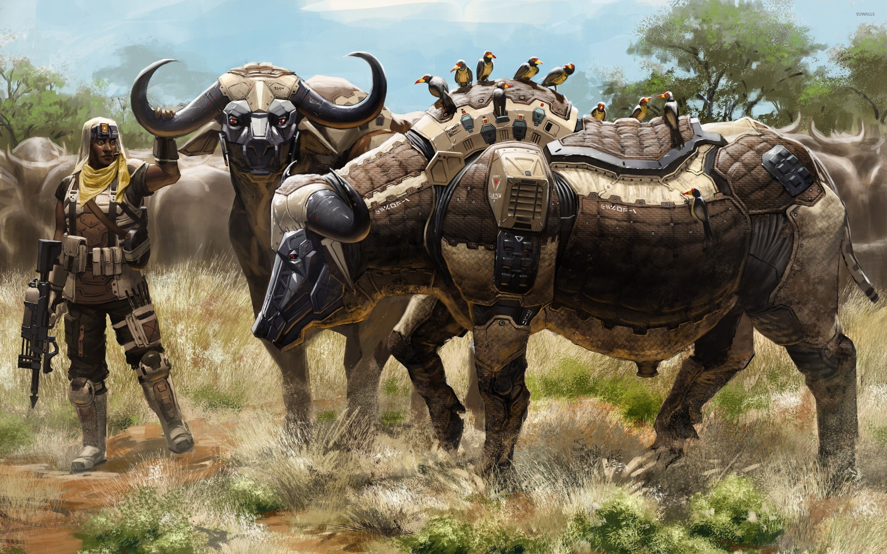 2880x1800 Soldier with robot buffalo herd wallpaper wallpaper, Desktop