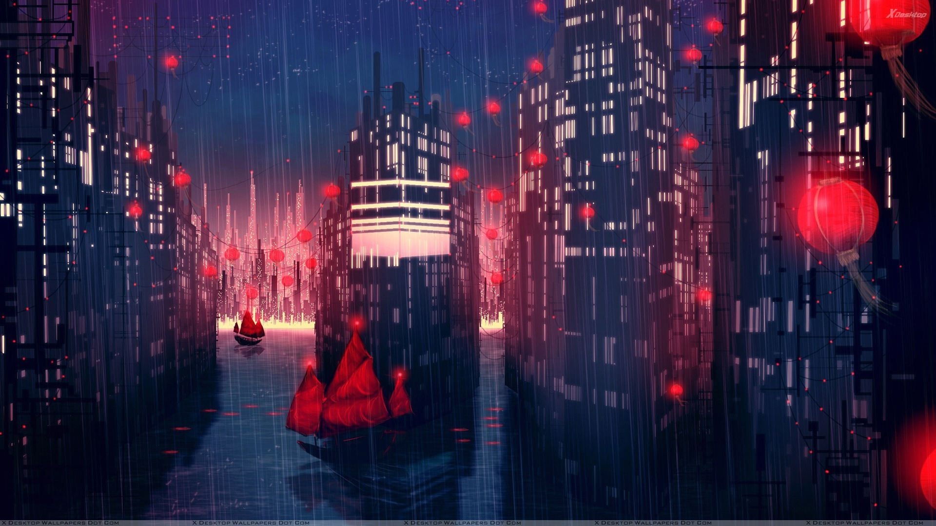 1920x1080 Rainy Red City Night Scene Wallpaper, Desktop