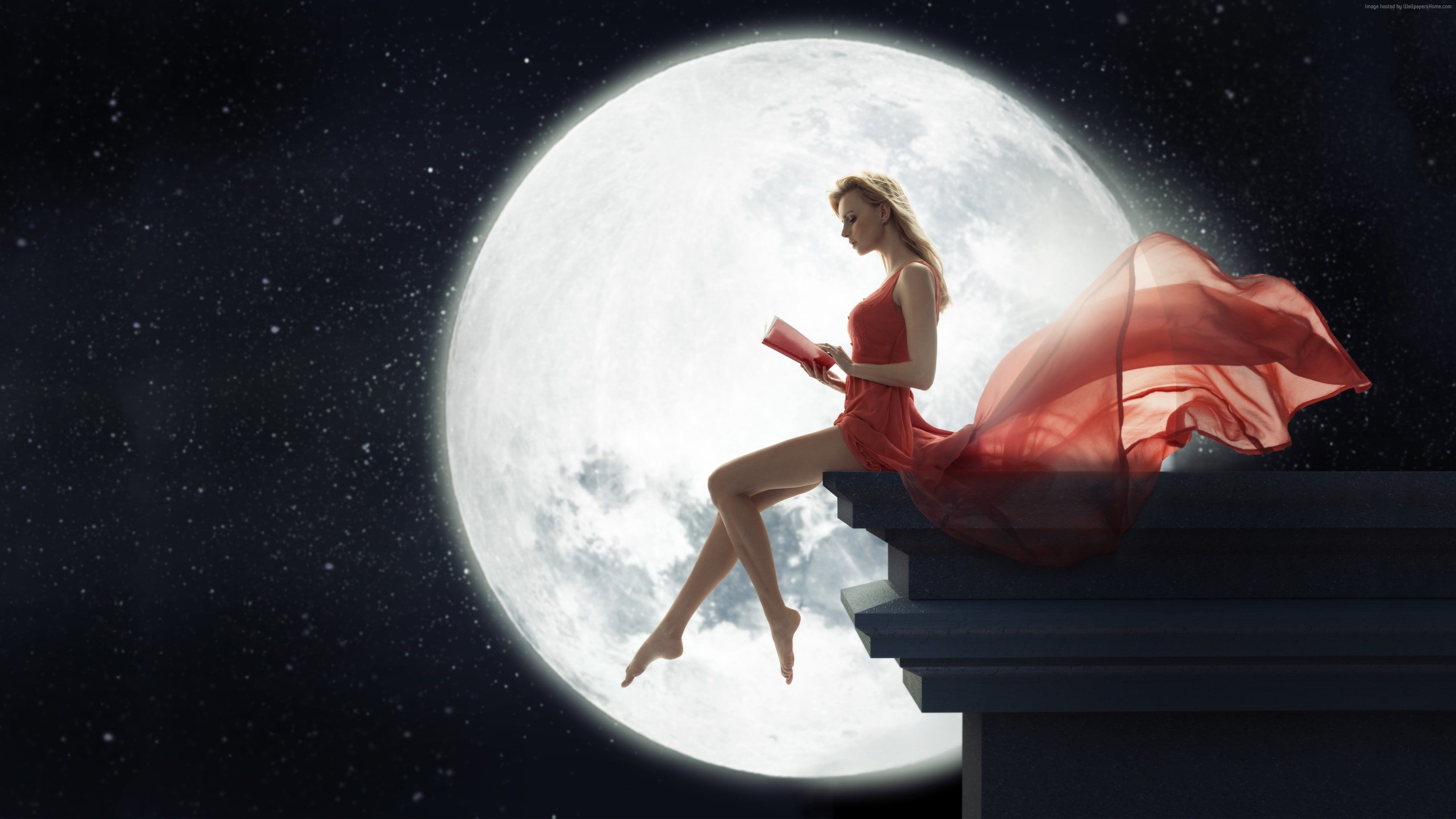 3840x2160 girl #moon #book #red #dress #night 4k pics K #wallpaper #hdwallpaper #desktop. Girl reading book, Girl reading, Full moon, Desktop