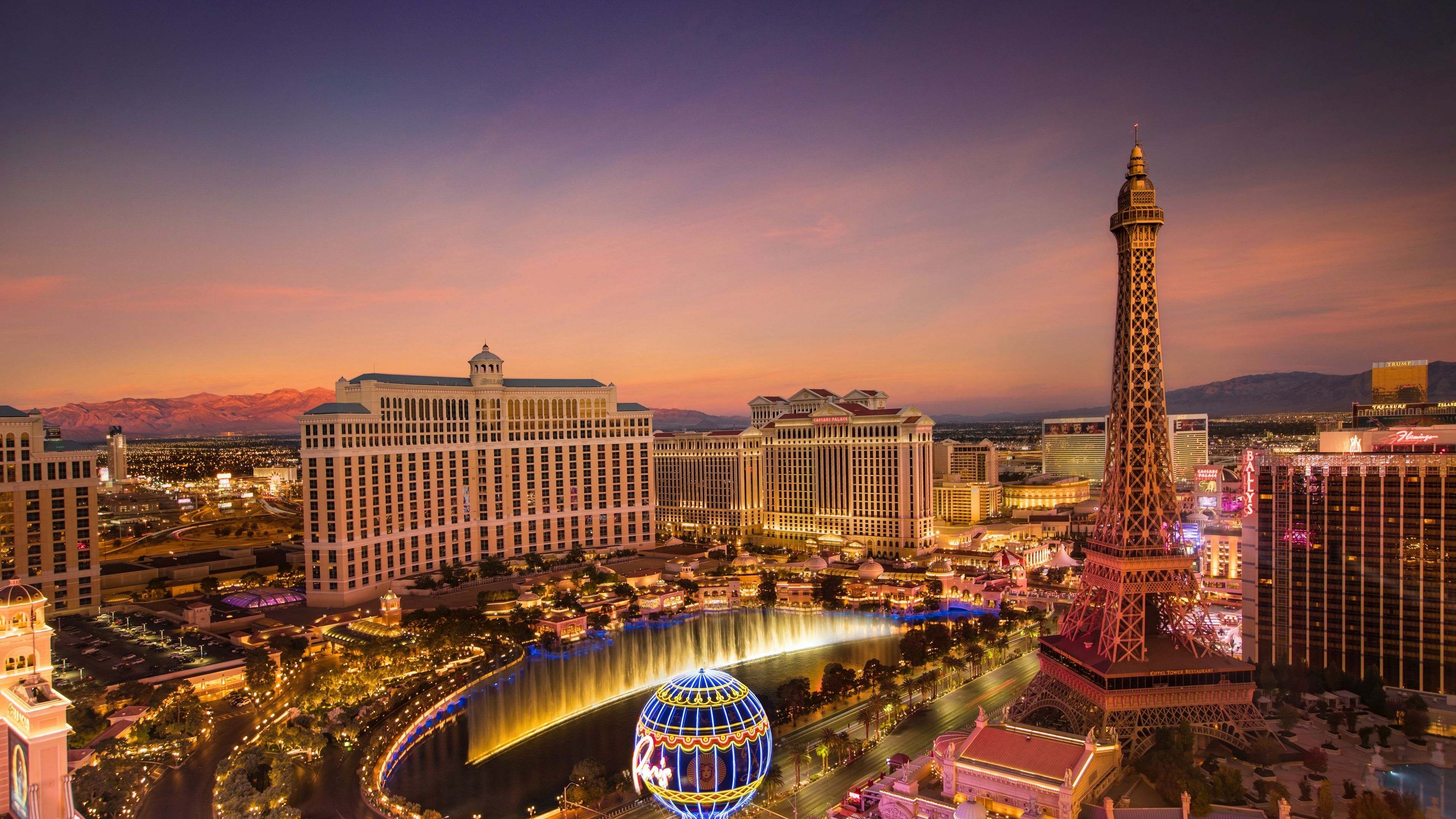 3840x2160 The Bellagio and the Las Vegas Strip at Dusk 4K wallpaper, Desktop