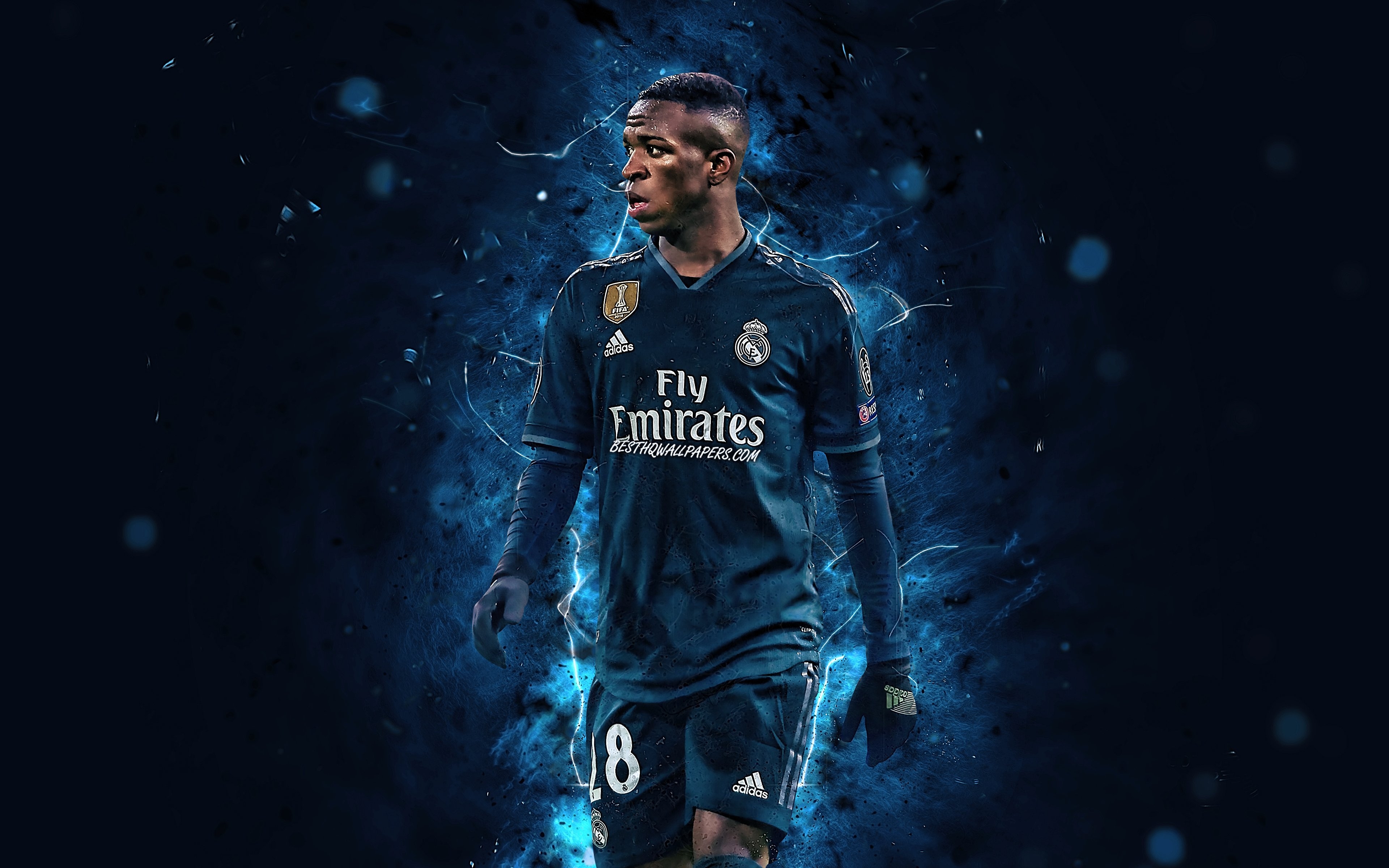 3840x2400 Download wallpaper 4k, Vinicius Junior, blue uniform, Real Madrid FC, brazilian footballers, Spain, Junior, abstract art, soccer, neon lights, La Liga, football, Galacticos for desktop with resolution. High Quality HD picture, Desktop